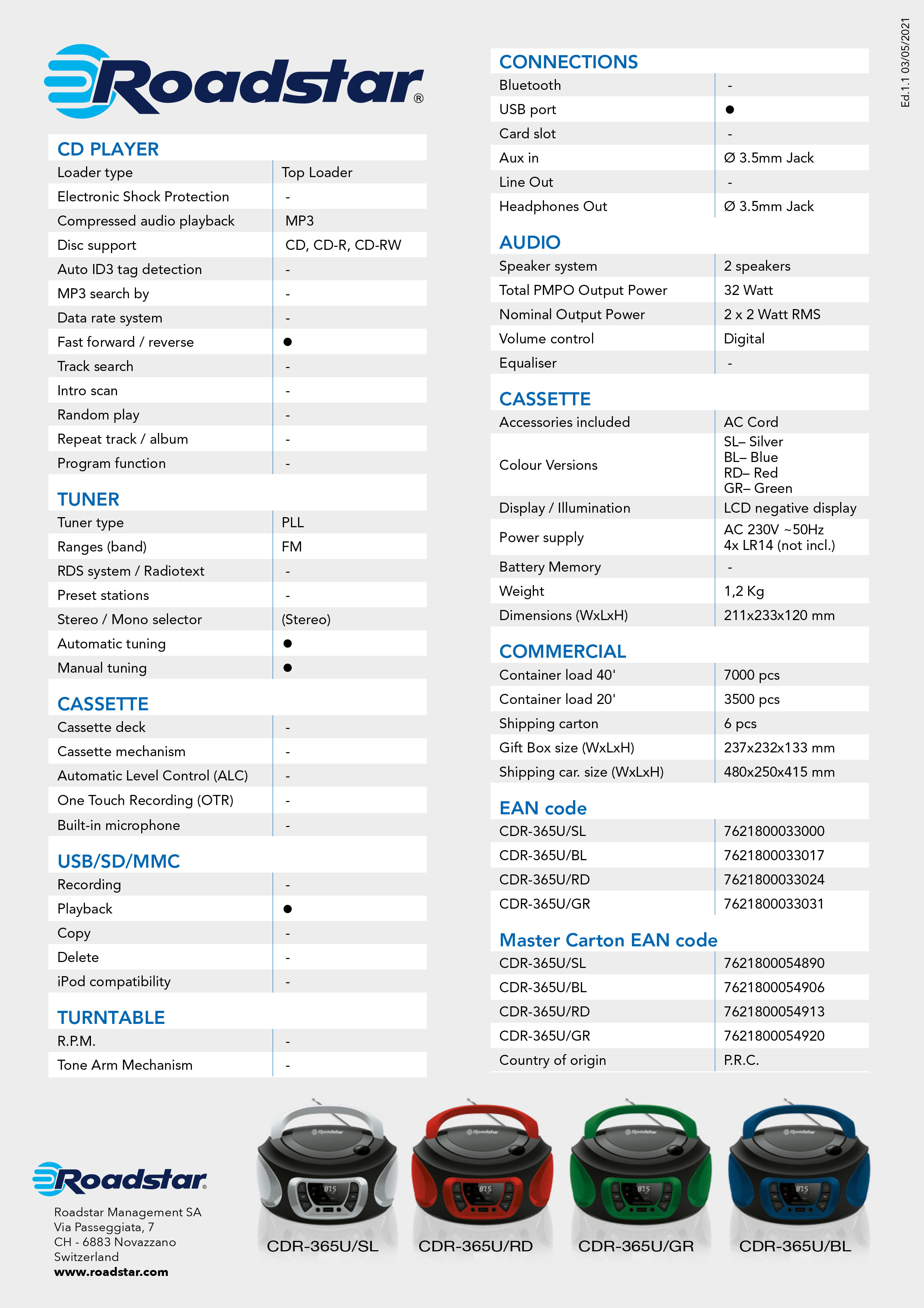 Una tabla de producto detallada con especificaciones para un reproductor de CD y diferentes opciones de color.