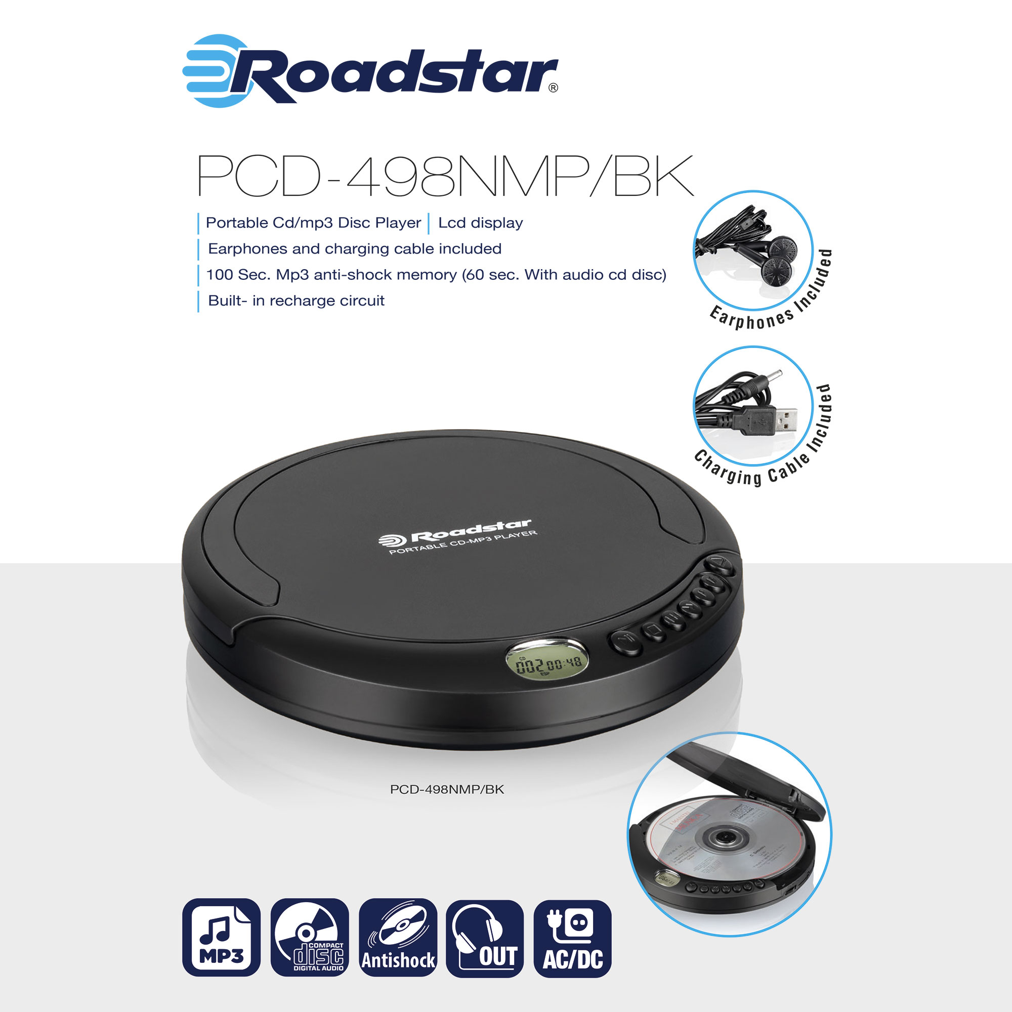 Reproductor de CD/mp3 portátil negro con auriculares y cable de carga incluidos.