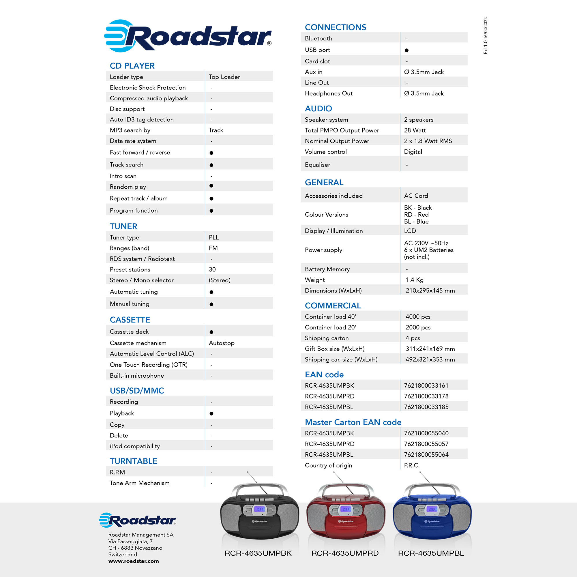 ROADSTAR RCR-4635UMPRD Radio, Rot