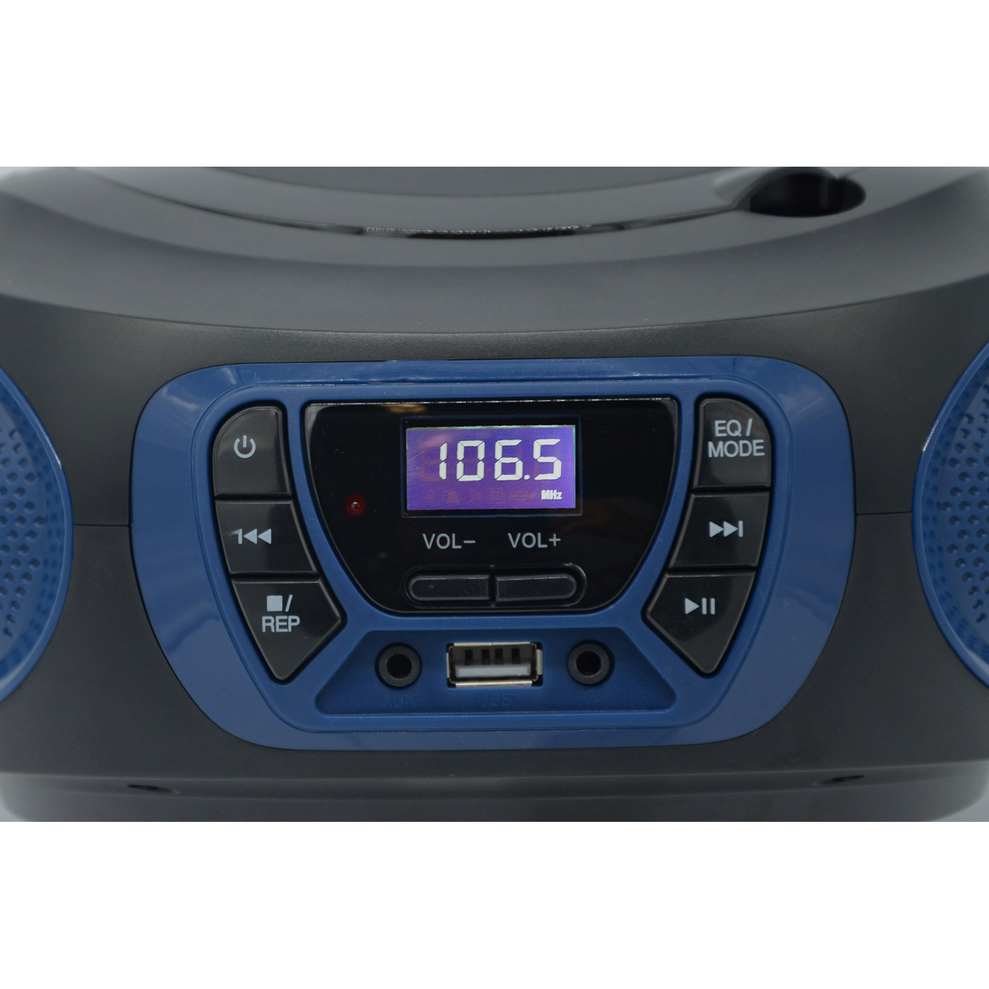 Radio azul y negro con pantalla digital que muestra 106.5 MHz.