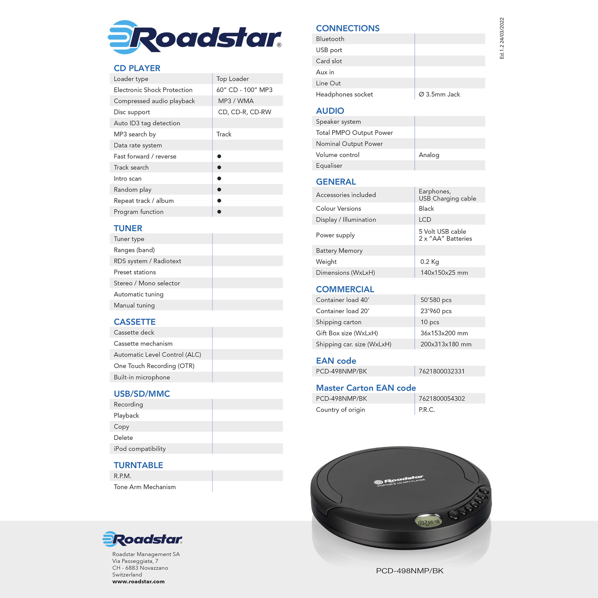 ROADSTAR PCD-498NMP/BK Tragbarer CD Player, Schwarz