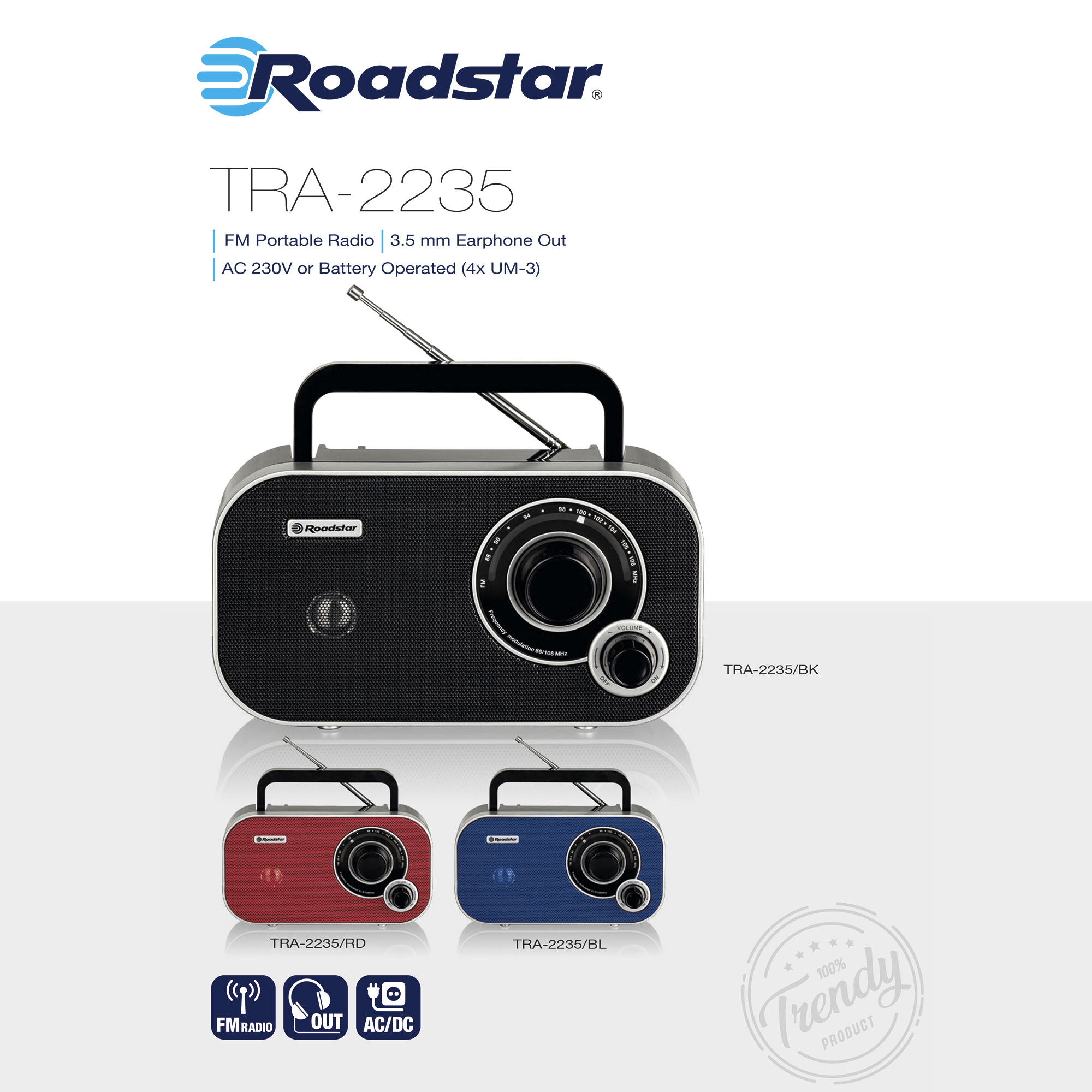 ROADSTAR TRA-2235BL Radio, FM, Blau