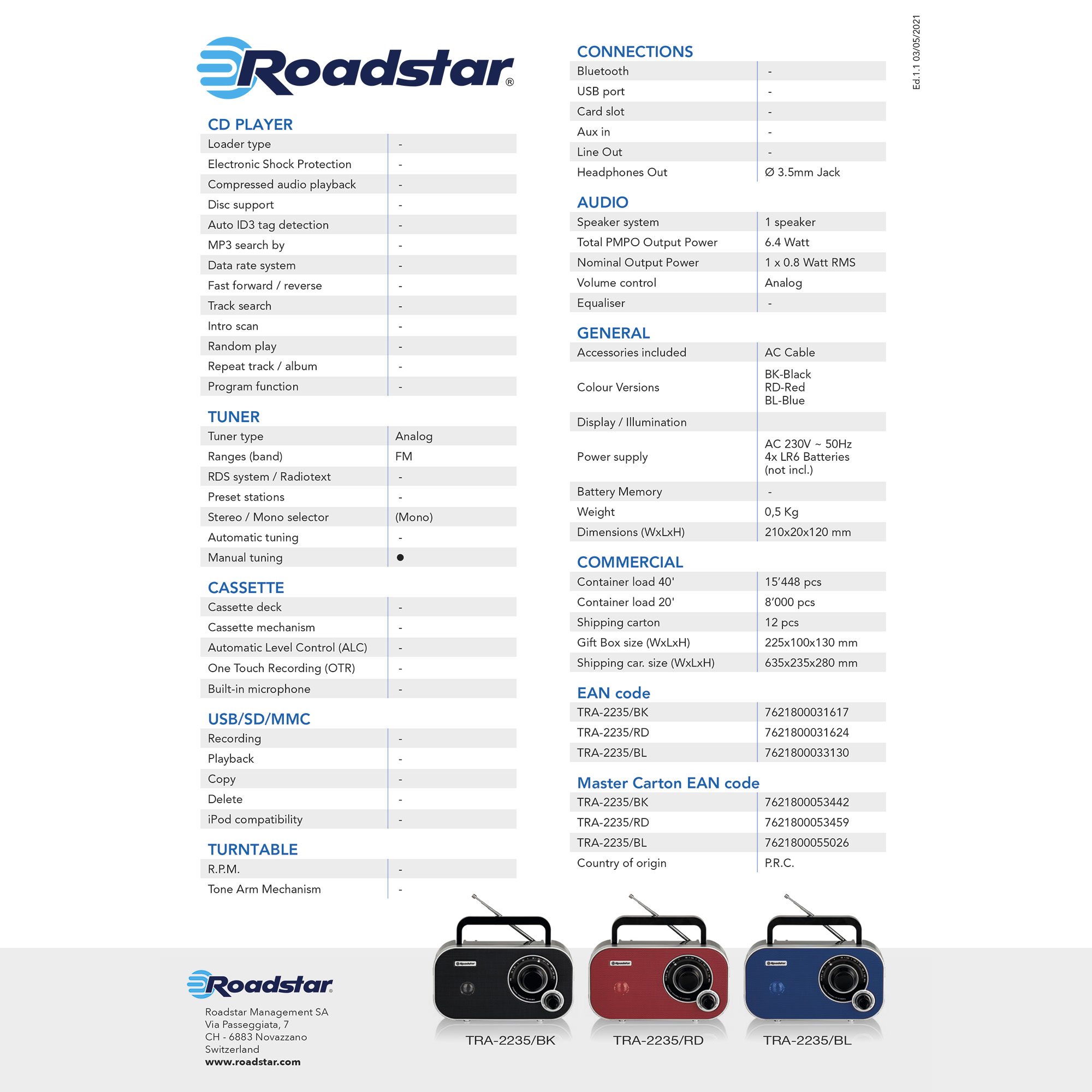 Radio z czarnym przodem i czerwonymi oraz niebieskimi panelami bocznymi. Specyfikacje produktu są szczegółowe po prawej stronie.