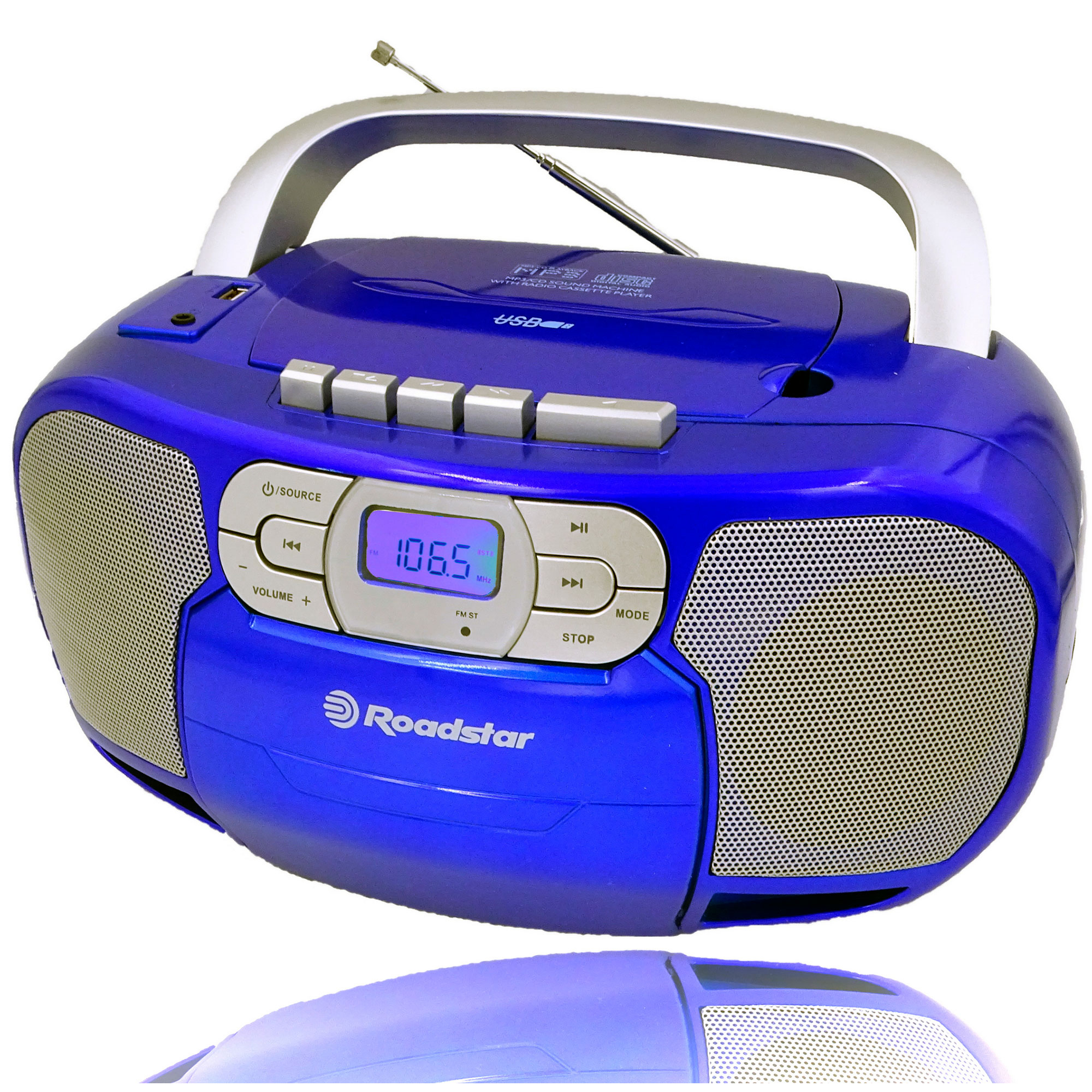 Blaue Roadstar-Boombox mit silbernen Akzenten. Sie hat ein Display, Tasten und eine Antenne.