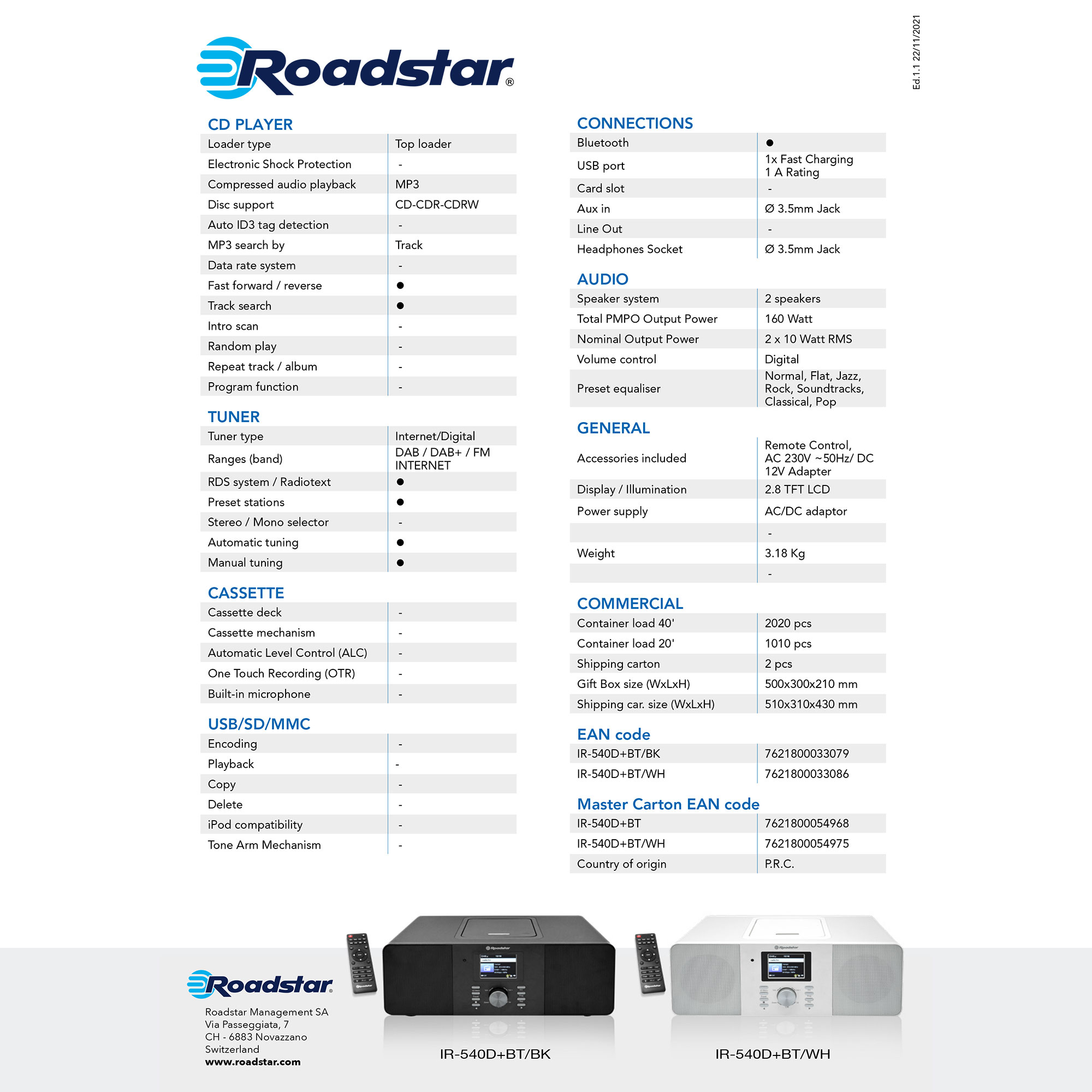 Información detallada del producto con un reproductor de CD Roadstar sobre un fondo blanco.