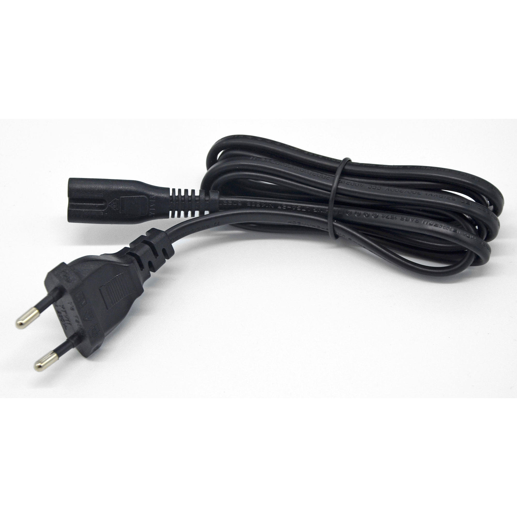 Cable de alimentación negro con enchufe de dos clavijas y conector.