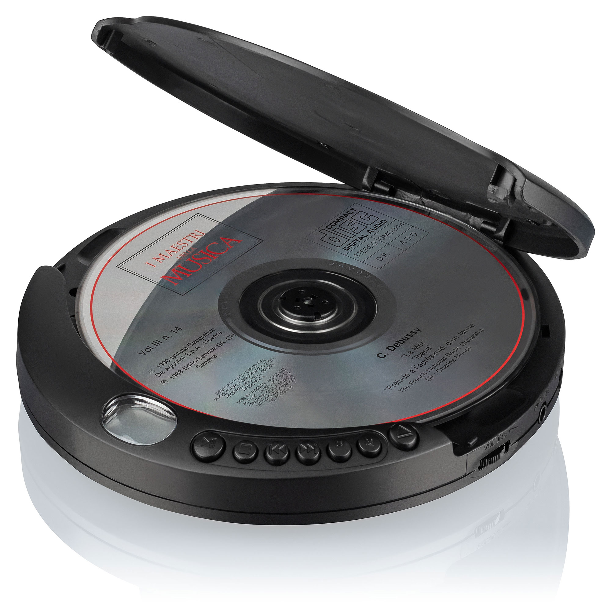 Un reproductor de CD negro abierto con un CD dentro, etiquetado con texto y una partitura.