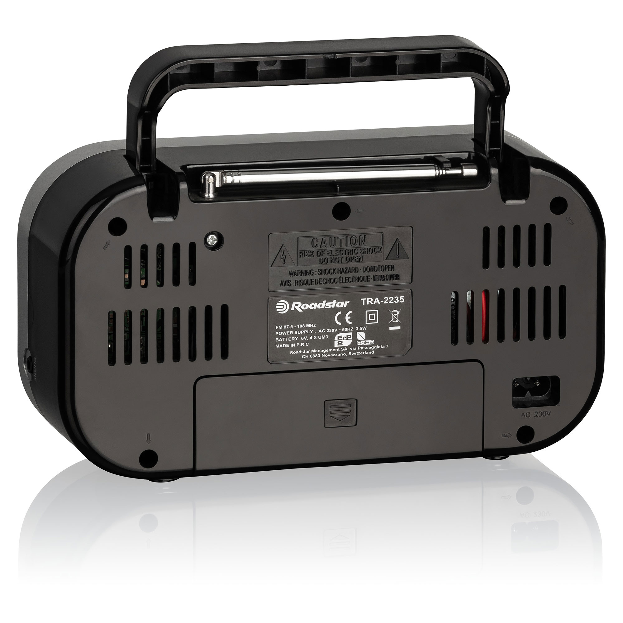 Tył czarnego radia z uchwytem i różnymi portami wejściowymi.