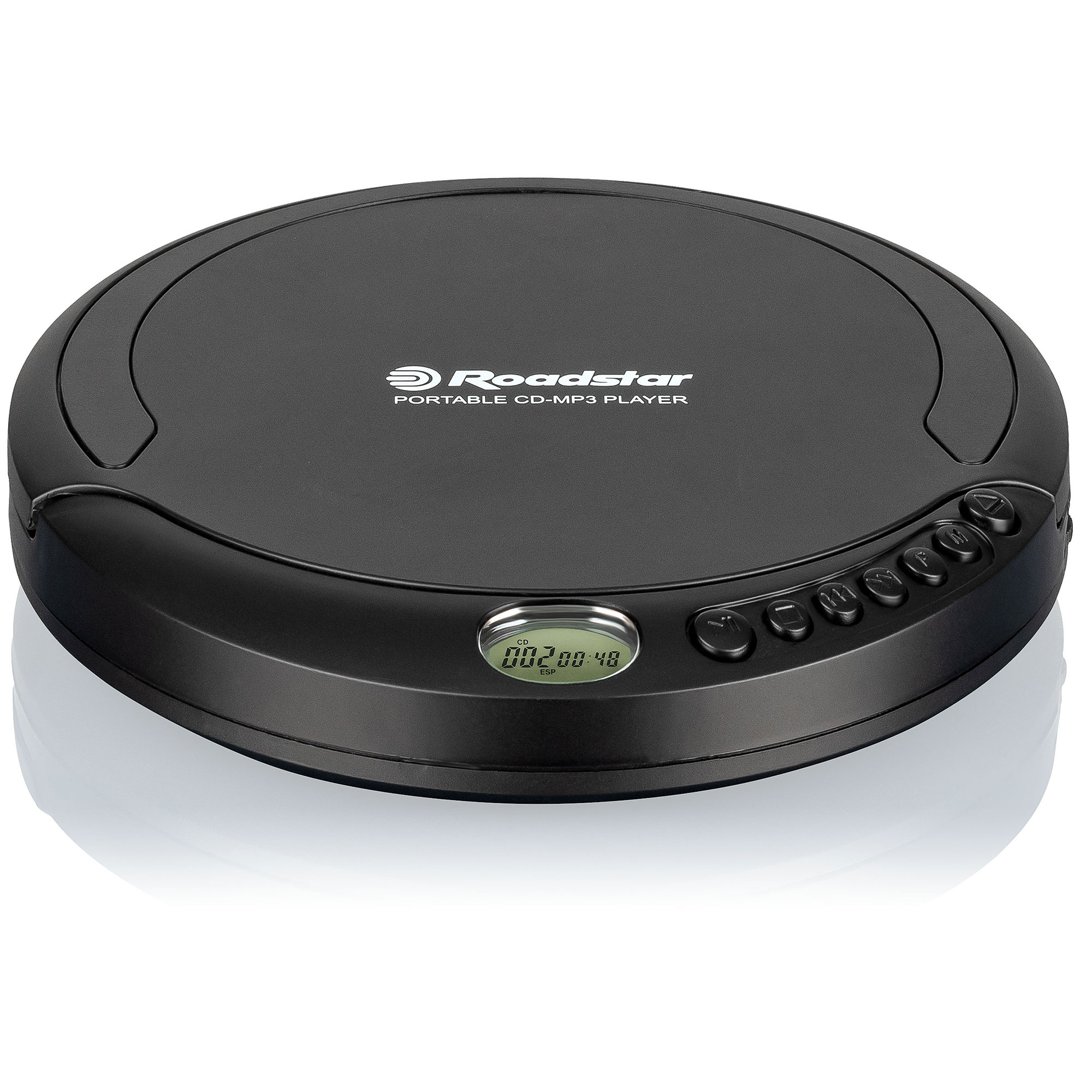 Un reproductor portátil de CD-MP3 negro con botones y pantalla, marca Roadstar, sobre fondo blanco.