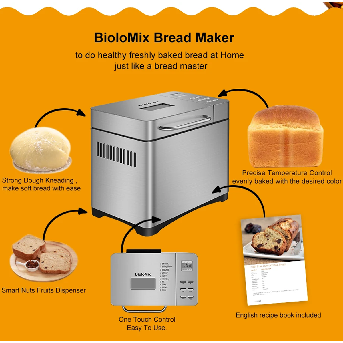 Máquina para hacer pan con pan e ingredientes alrededor. Texto: Control de un toque, amasado fuerte, libro de recetas.