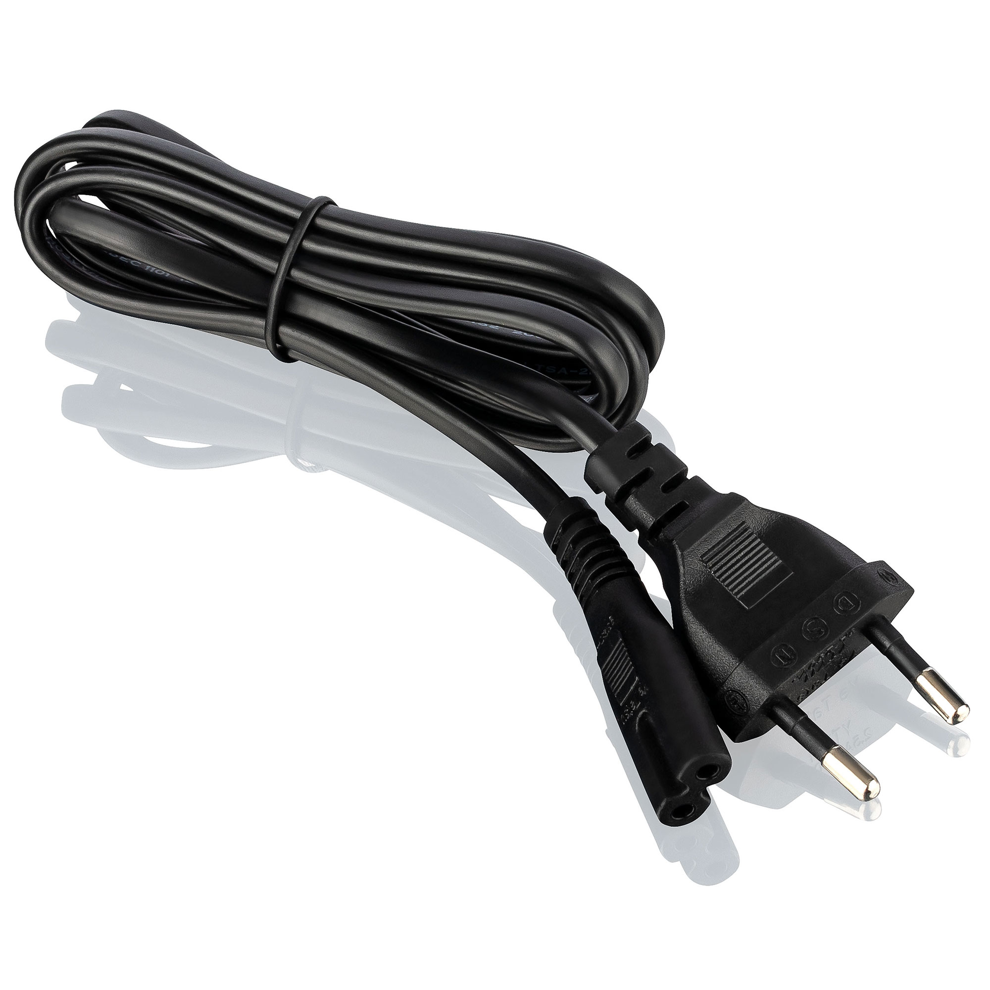 Czarny kabel zasilający z dwoma złączami na białej, odbijającej światło powierzchni.