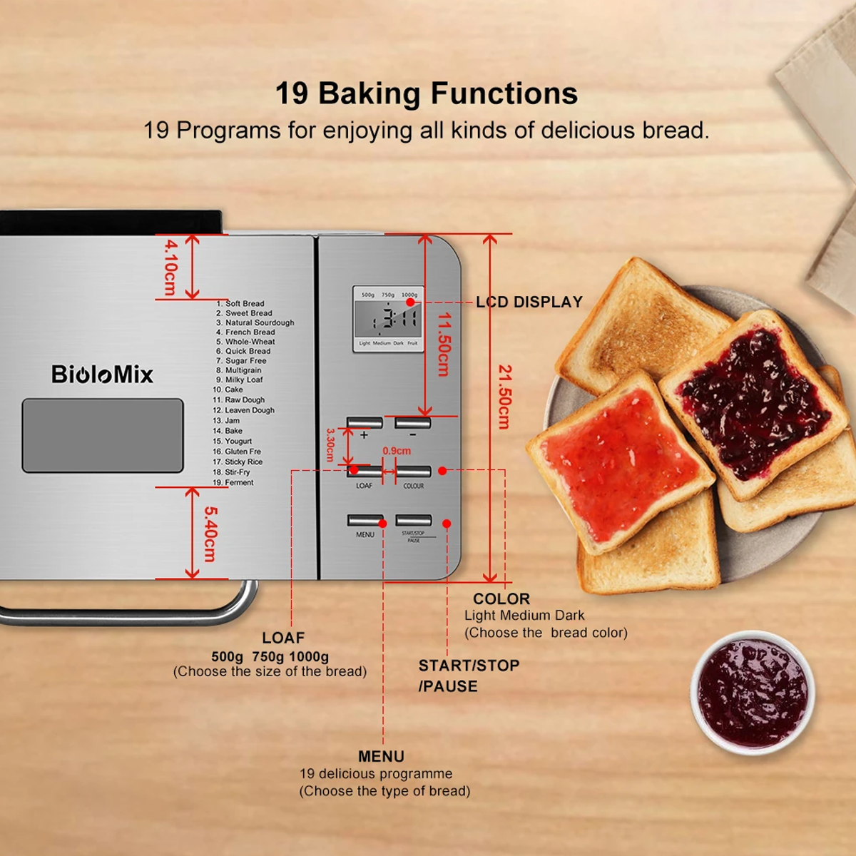 Máquina para hacer pan con rebanadas de pan con mermelada. Pantallas y detalles de las funciones y dimensiones de horneado.
