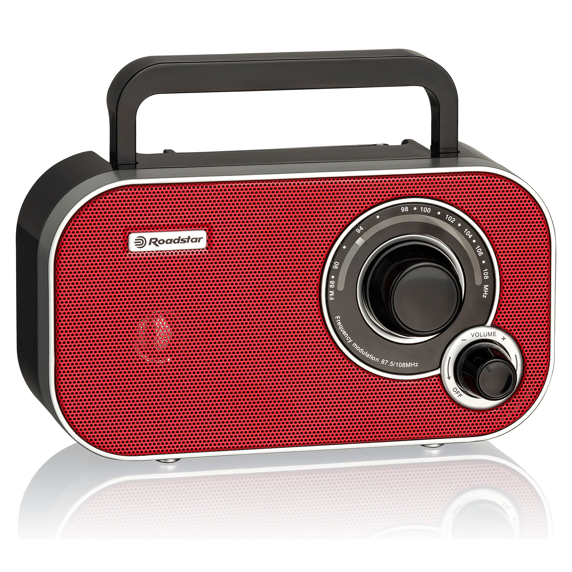 Czerwono-czarne radio z uchwytem i pokrętłami.