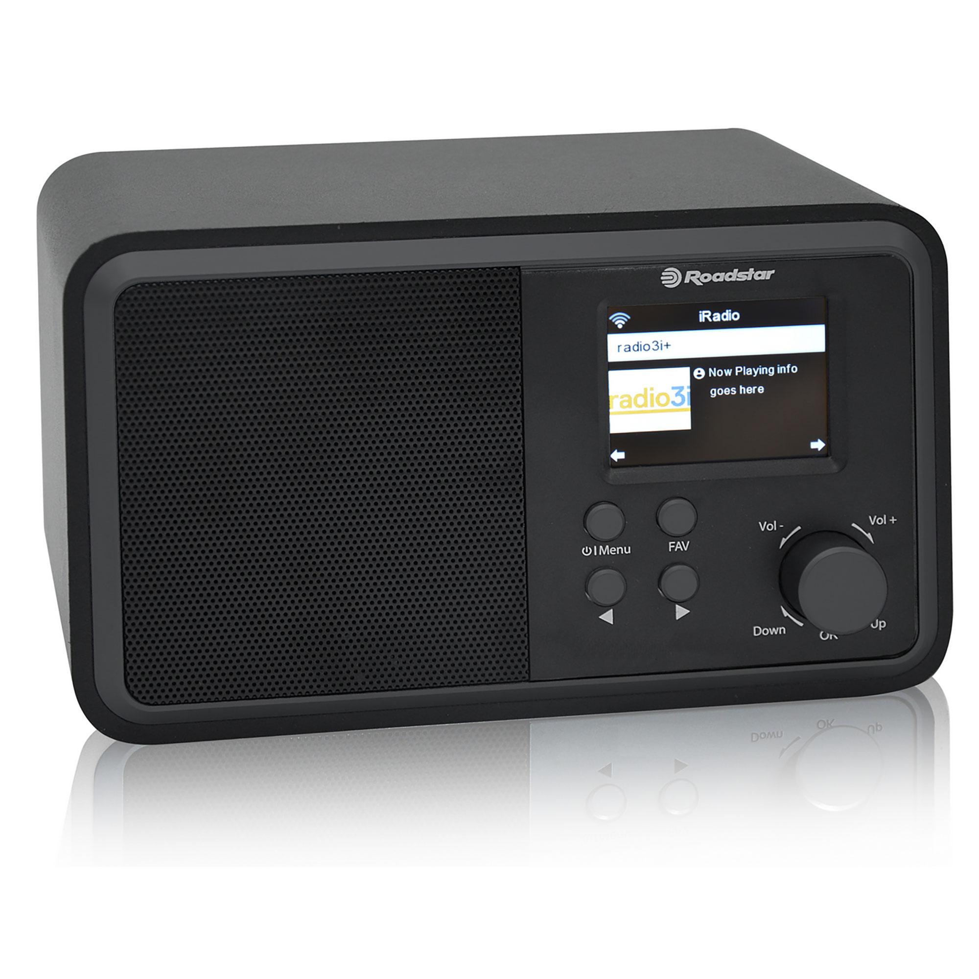 Ein Roadstar-Radio mit einem Bildschirm, der Radioinformationen anzeigt. Es hat Knöpfe und einen Lautstärkeregler.