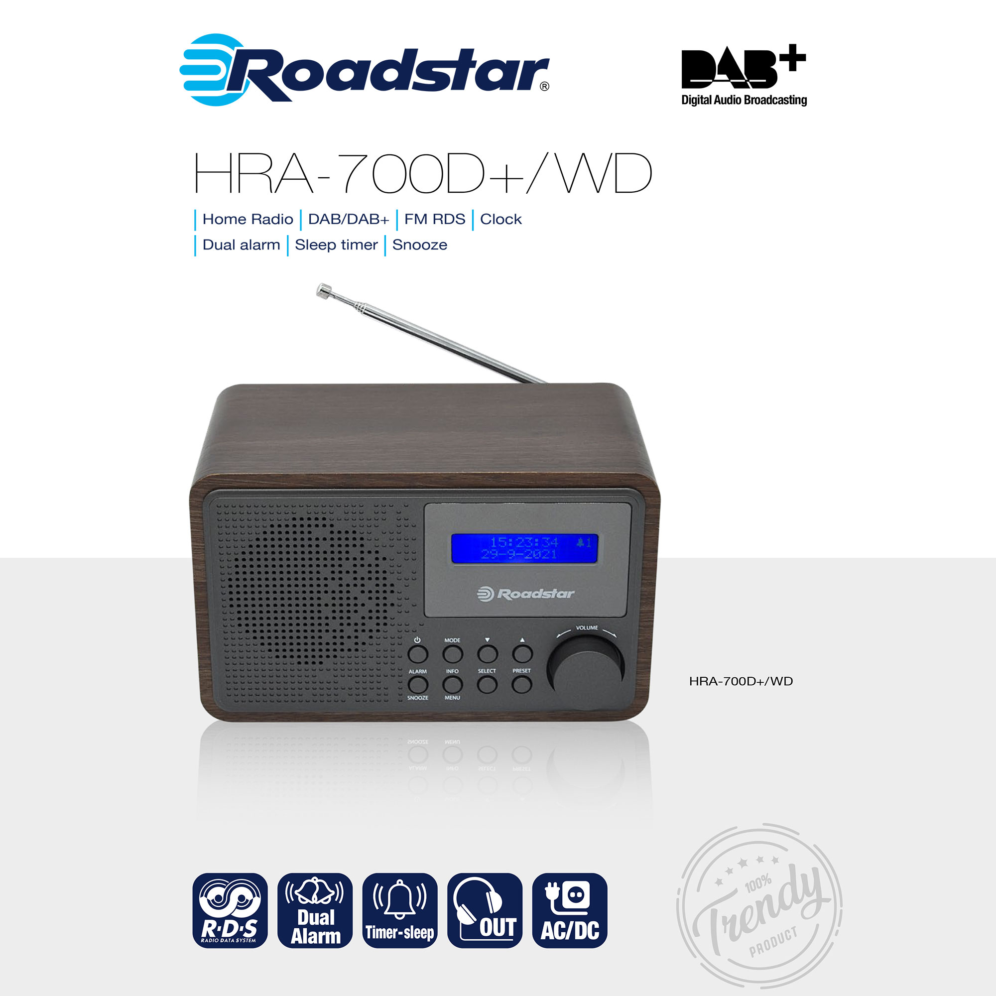 Ein Holzradio mit Digitalanzeige, Knöpfen und Branding-Elementen.