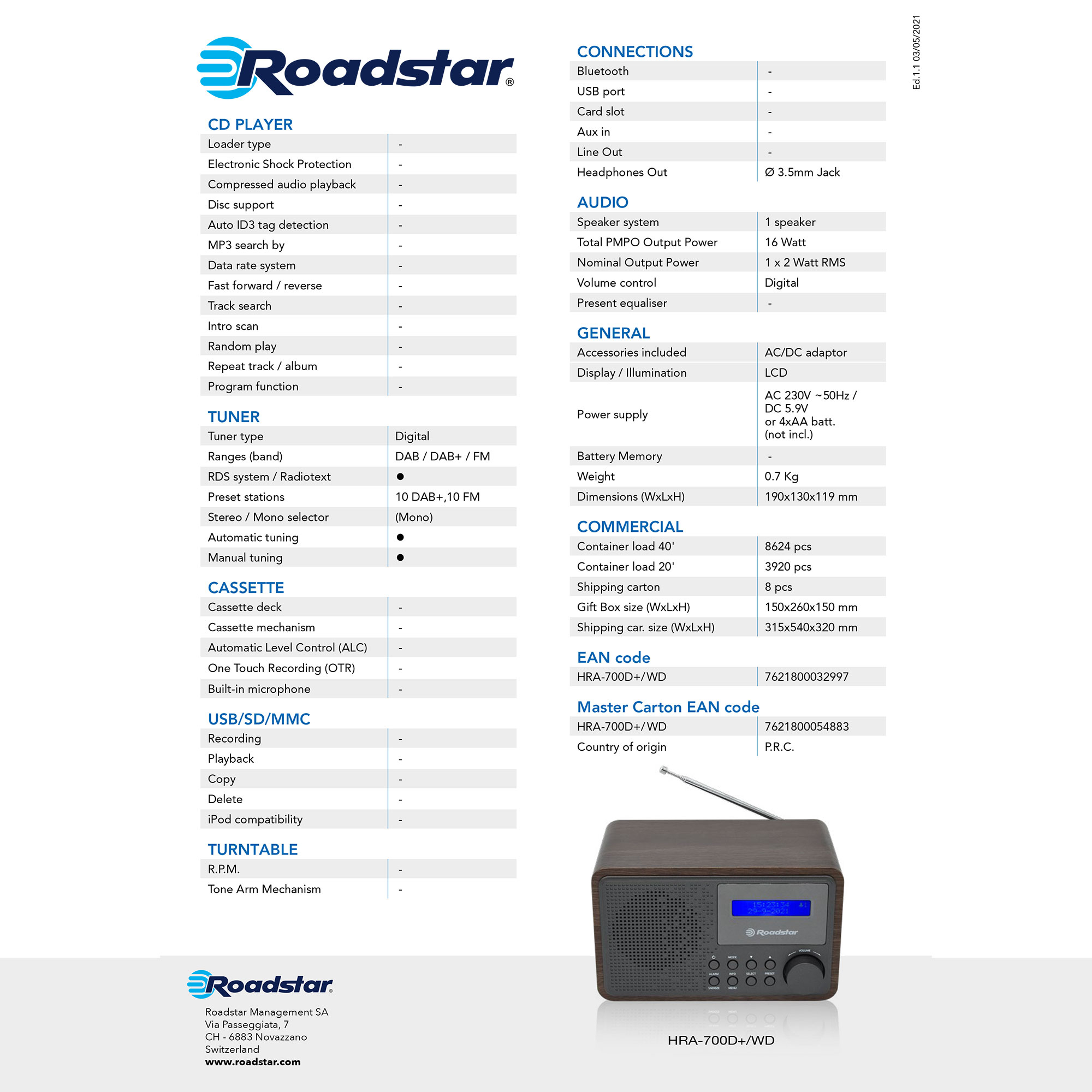 Spezifikationen und Design eines Roadstar CD-Player-Radios mit Holzoptik.