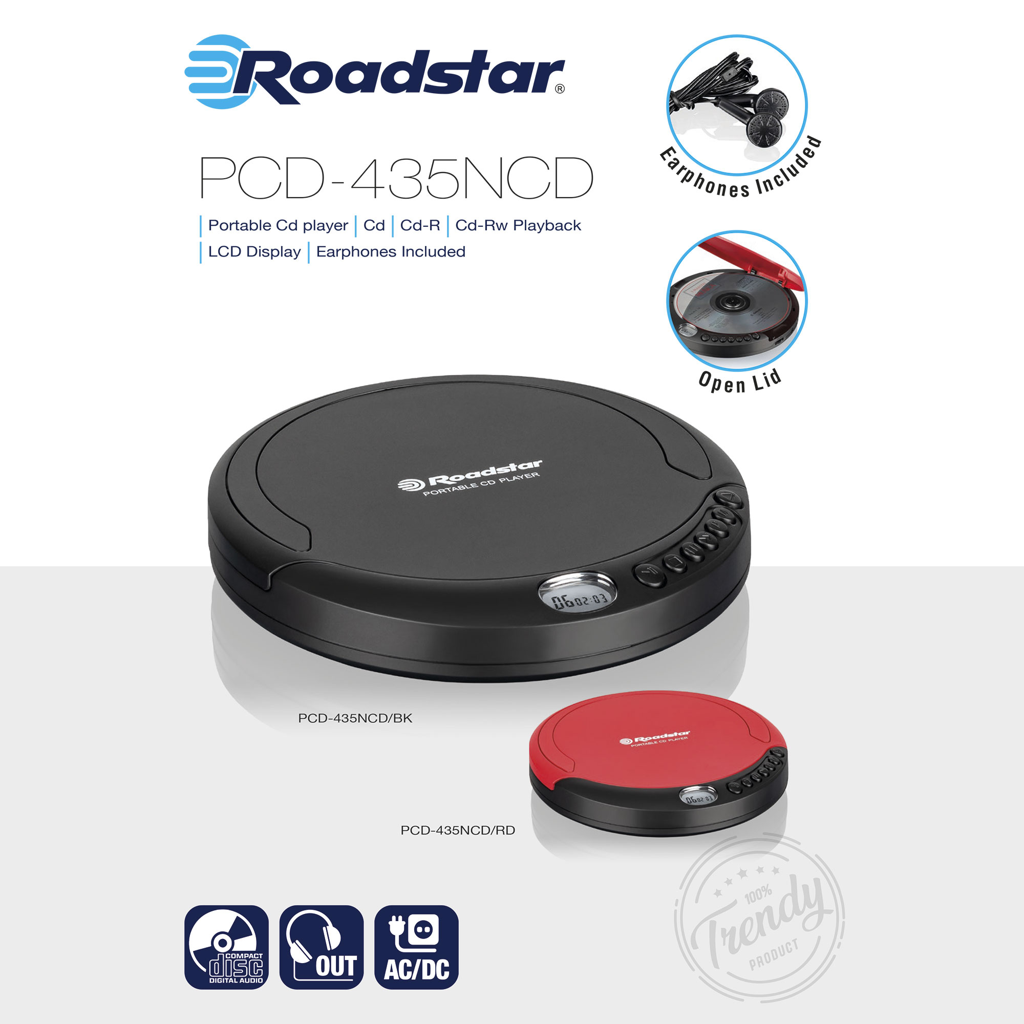 Reproductor de CD portátil negro con uno rojo, tapa abierta.