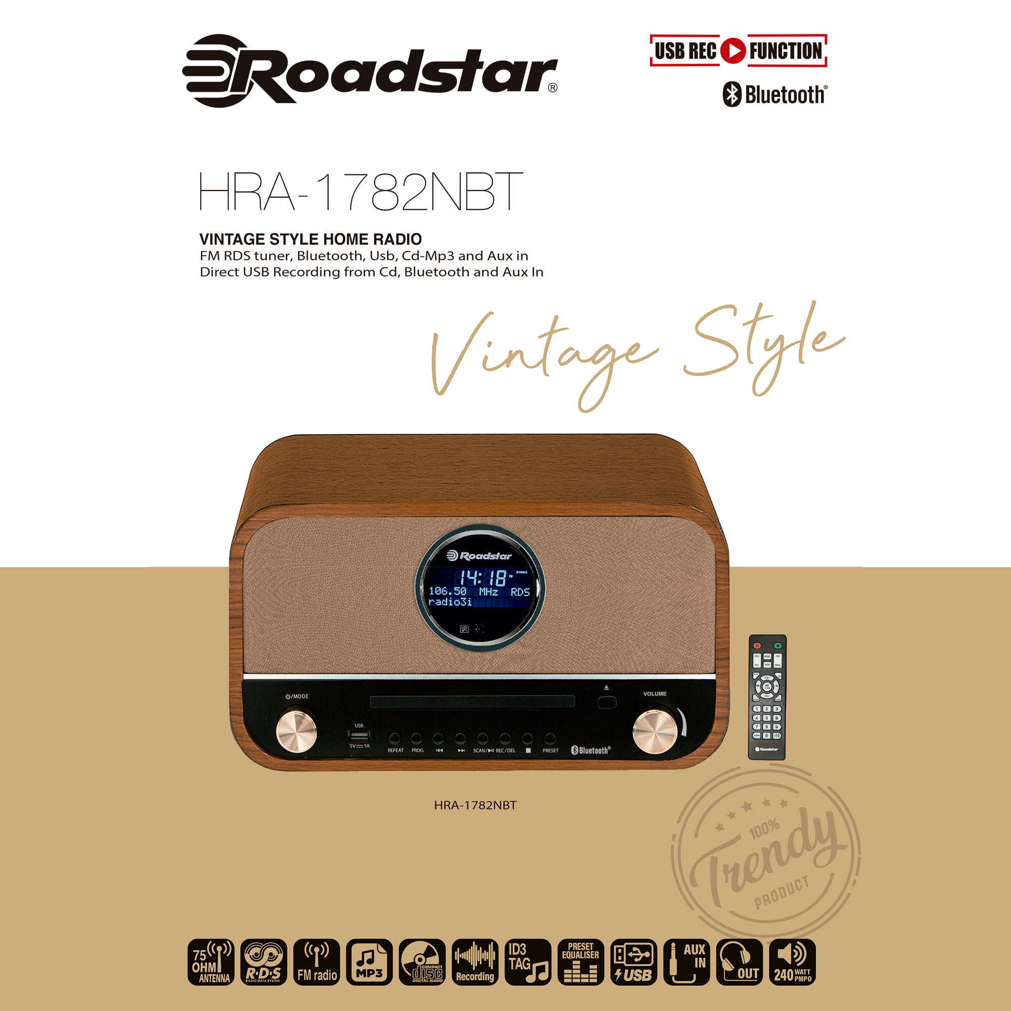 Vintage ROADSTAR Multifunktionsradio, Holz Retro HRA-1782NBT