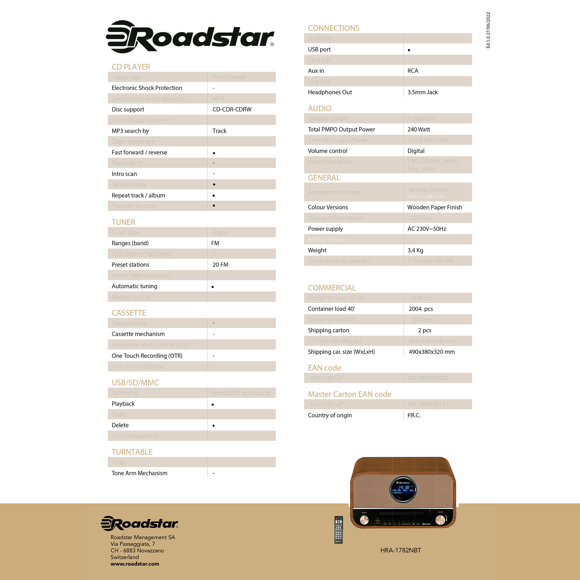 CD-Player-Spezifikationen mit Tuner, Anschlüssen und anderen Details. Ein Holzradio ist abgebildet.