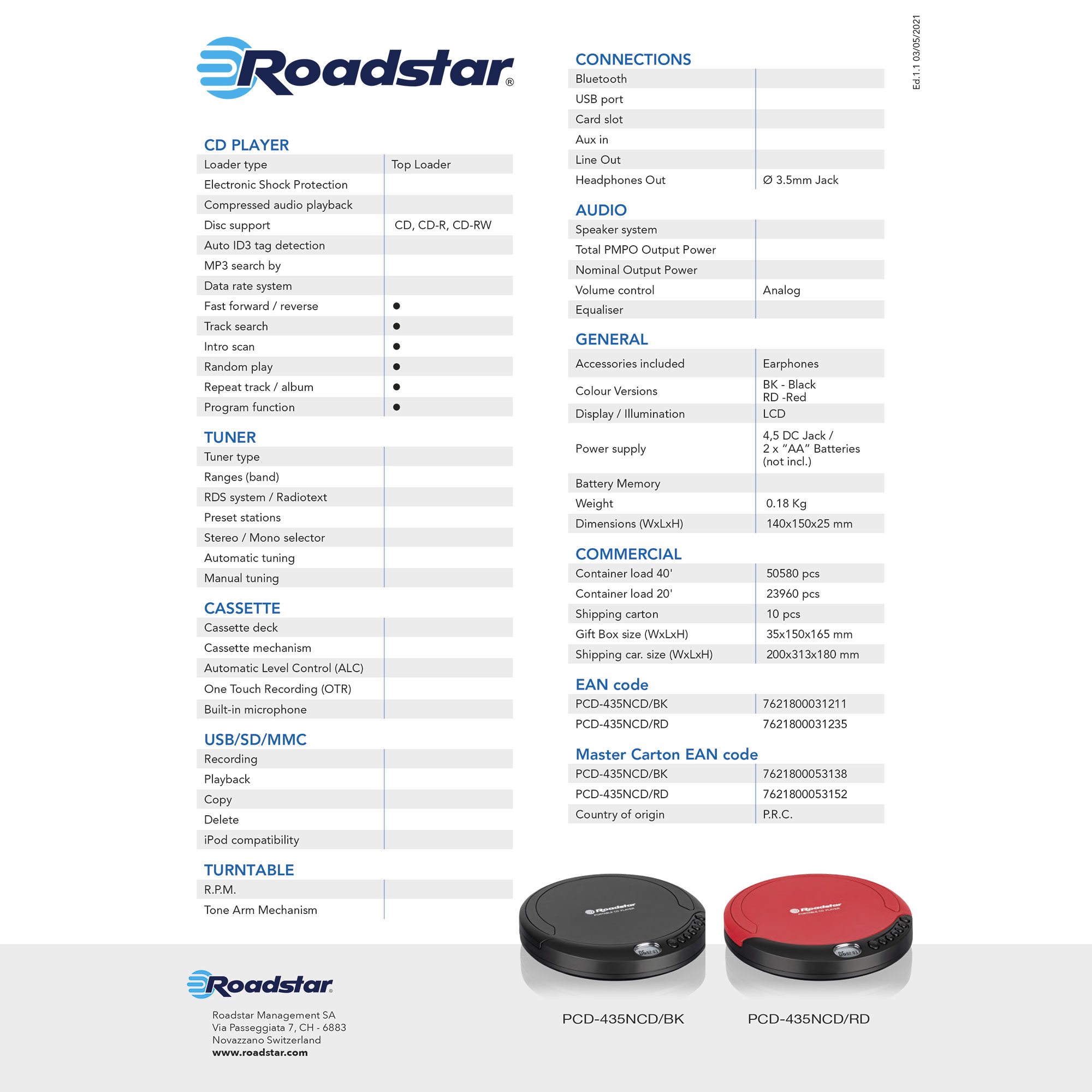 Hoja de especificaciones del producto para un reproductor de CD Roadstar.