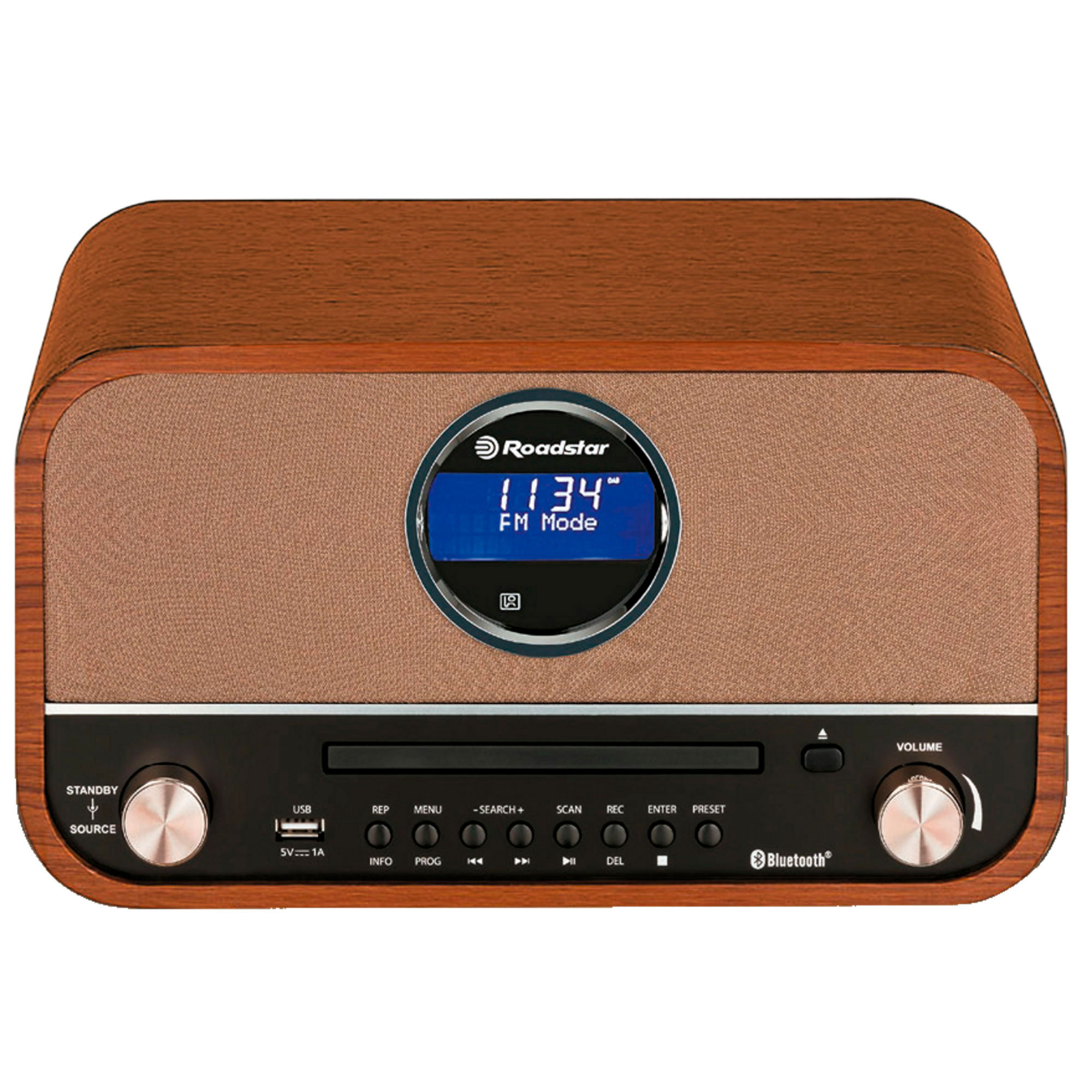 Holzradio mit Digitalanzeige. Es hat Knöpfe für verschiedene Funktionen und einen Lautstärkeregler.