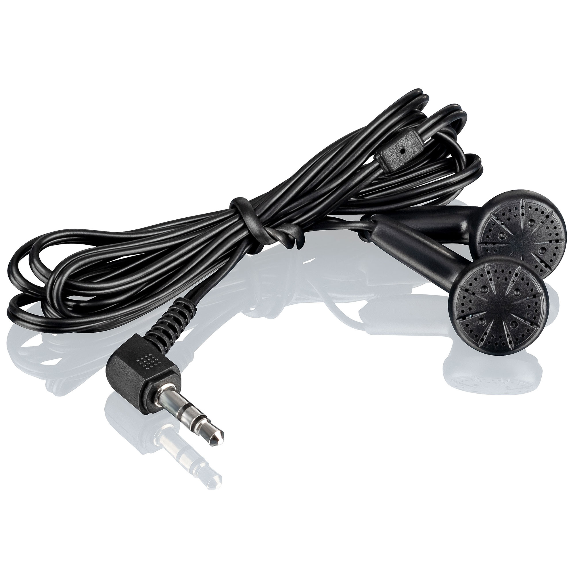 Auriculares negros con conector de 3,5 mm. El cable es largo y negro.