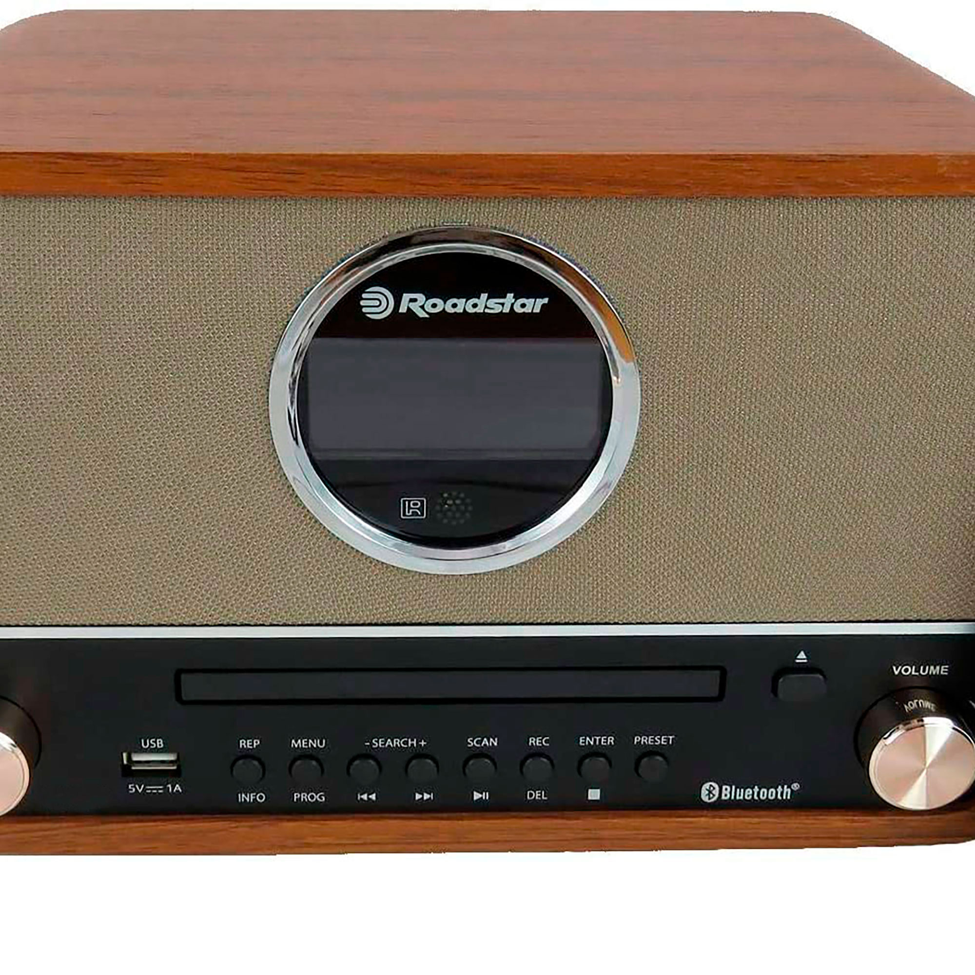 Ein Holzradio mit Bildschirm und Knöpfen.