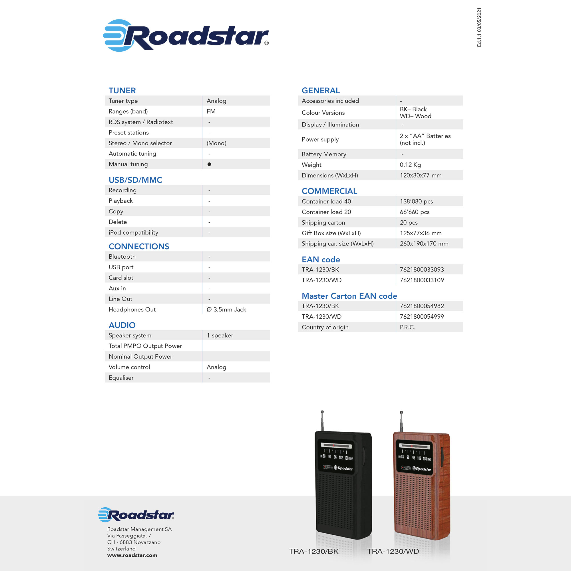 Produktspezifikationen und Bilder eines Roadstar-Radios.