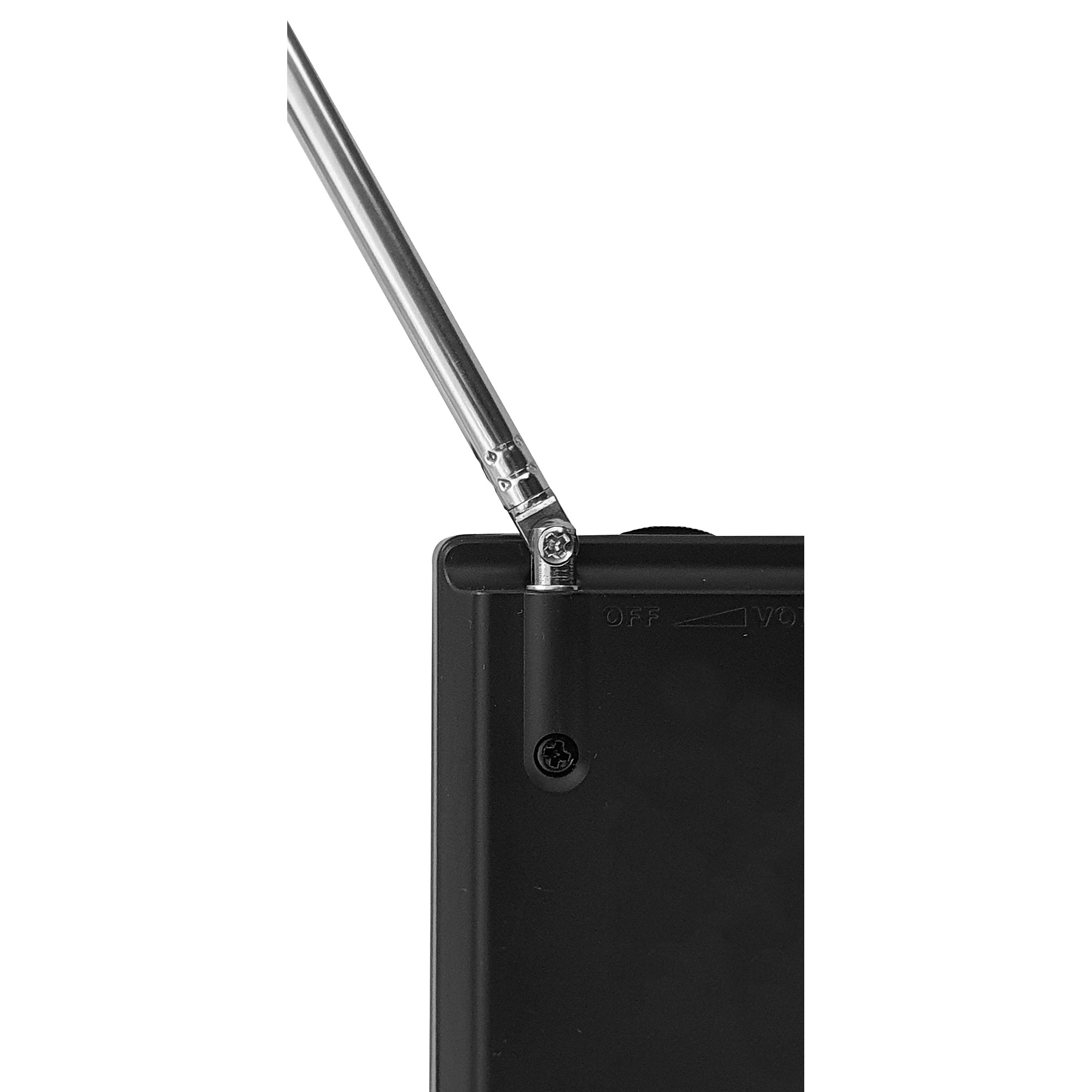 Nahaufnahme eines schwarzen tragbaren Radios mit nach oben ausgezogener Antenne.