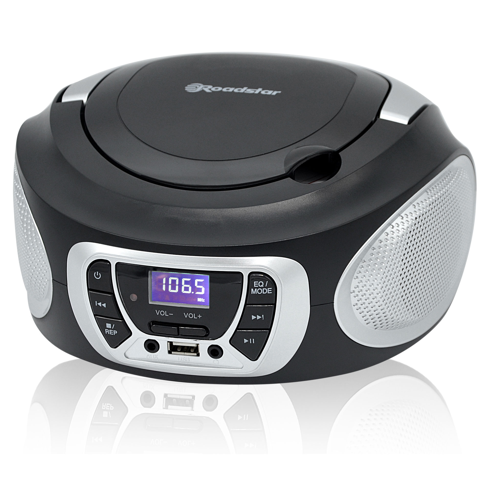 Schwarze Boombox mit Knöpfen, einem Display mit 106,5 und Lautsprechern an beiden Seiten.