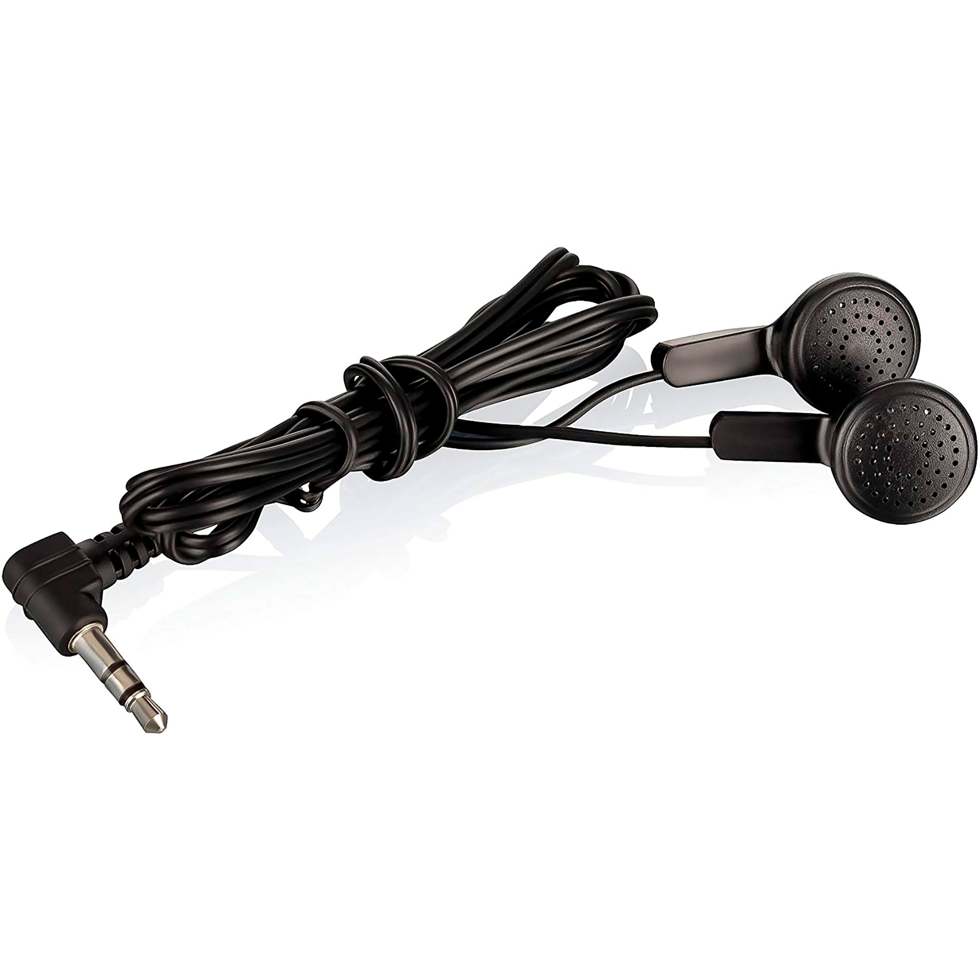 Czarne słuchawki douszne z wtyczką 3,5 mm, na białym tle.