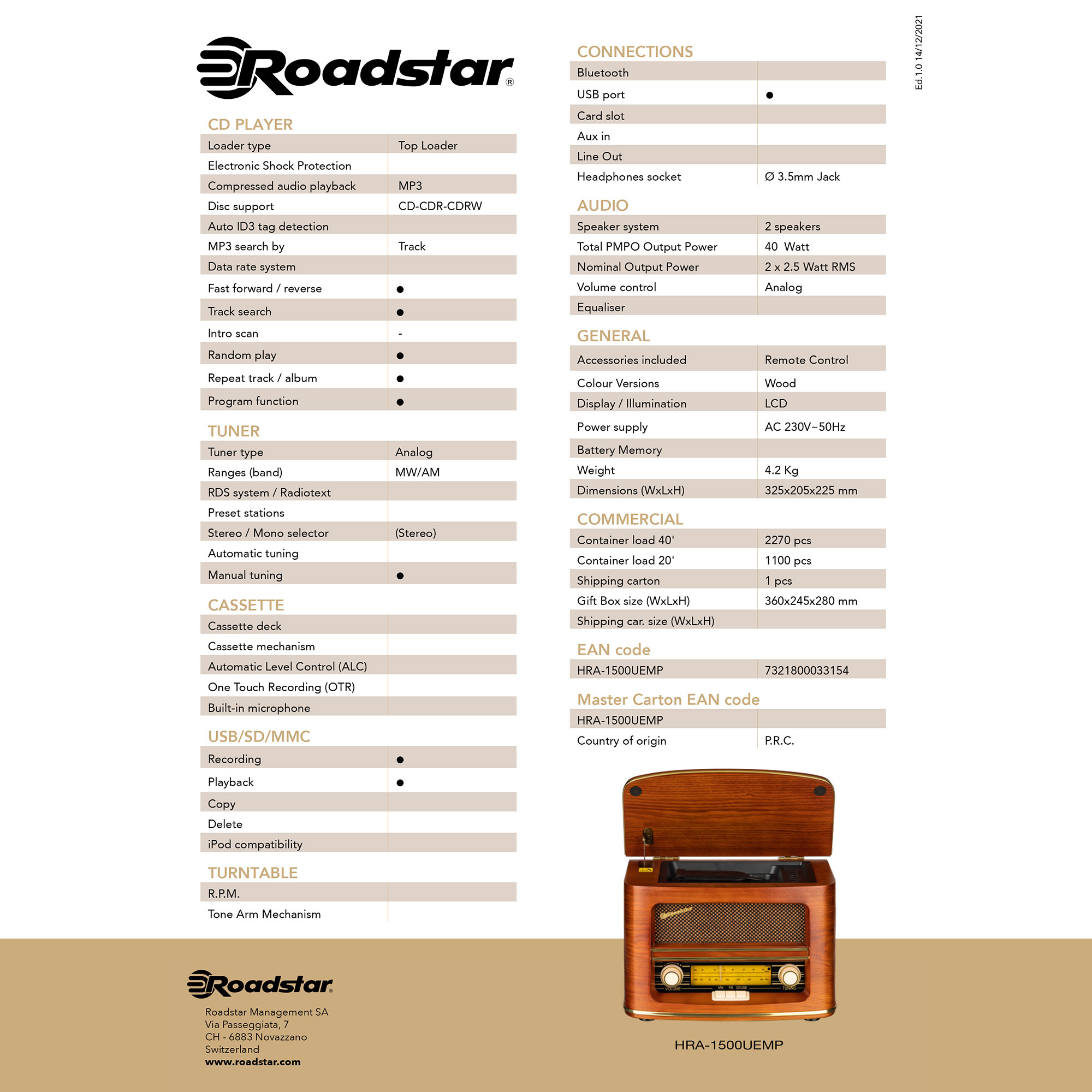 Spezifikationen für einen Roadstar HRA-1500UEMP CD-Player und Radio.