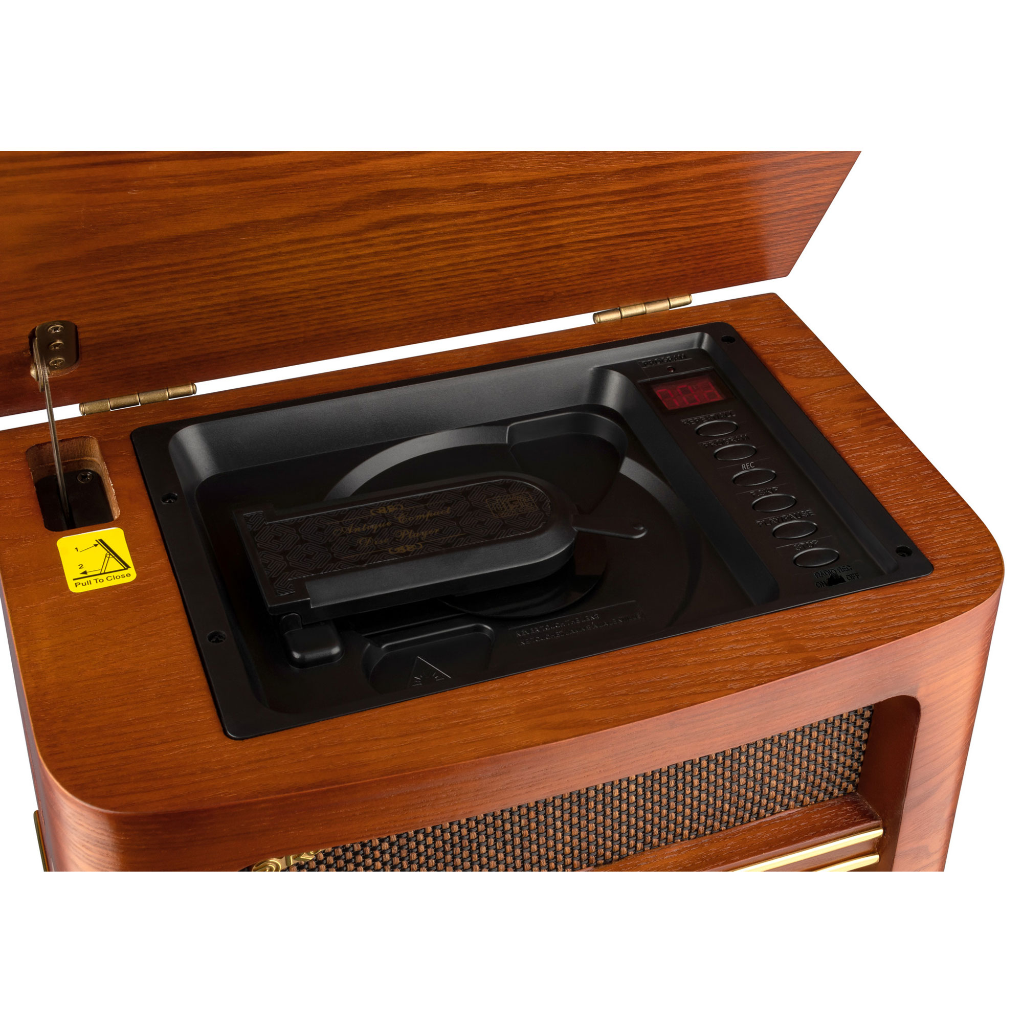 Holz-Plattenspieler mit offenem Deckel, zeigt den CD-Player-Bereich im Inneren.