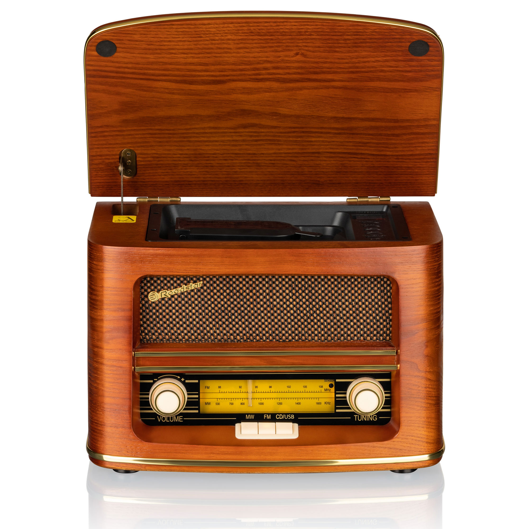 Vintage-Radio aus Holz mit Drehregler, Lautstärkereglern und Lautsprecher.