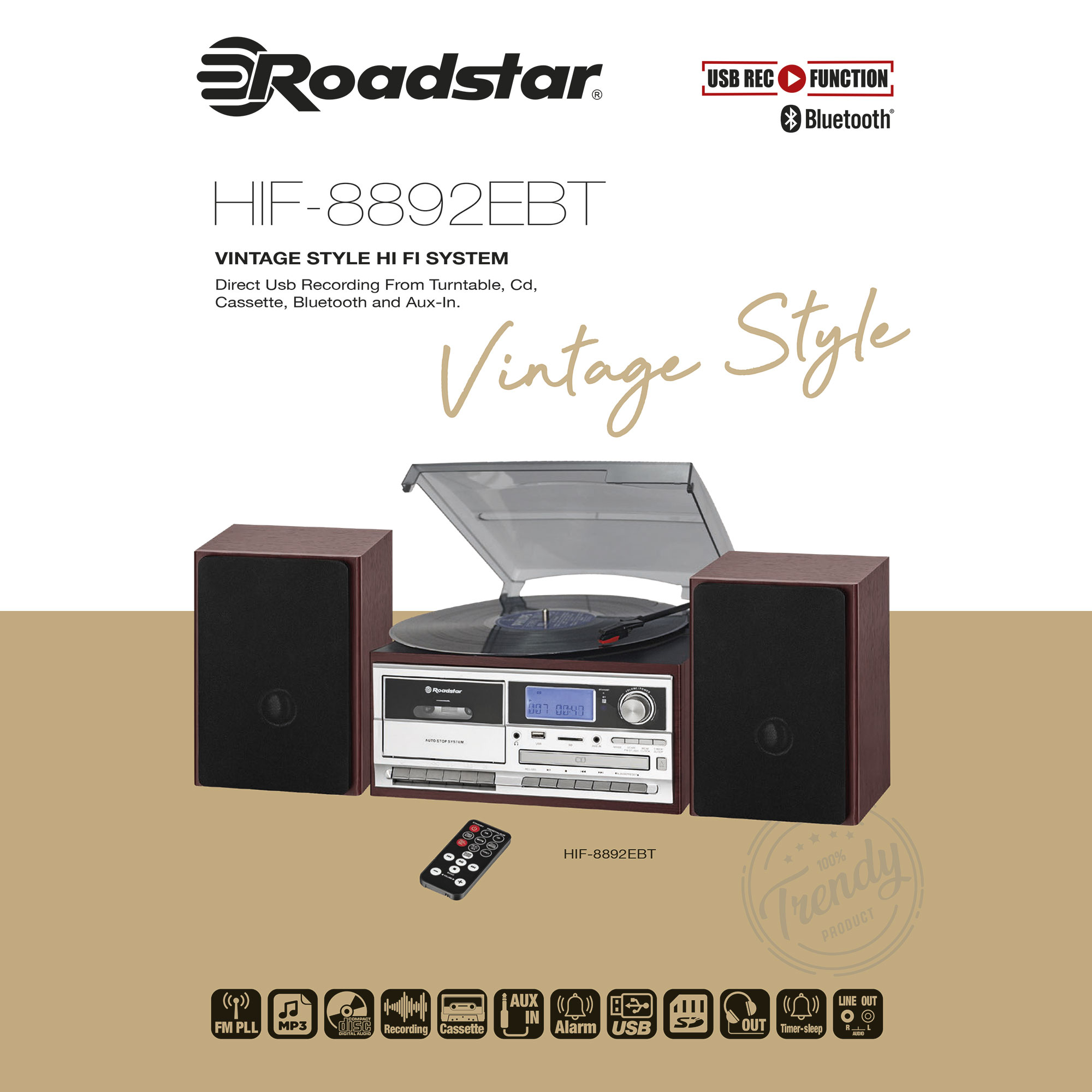 Sistema hi-fi estilo vintage con altavoces y tocadiscos. Texto: 'Vintage Style'.