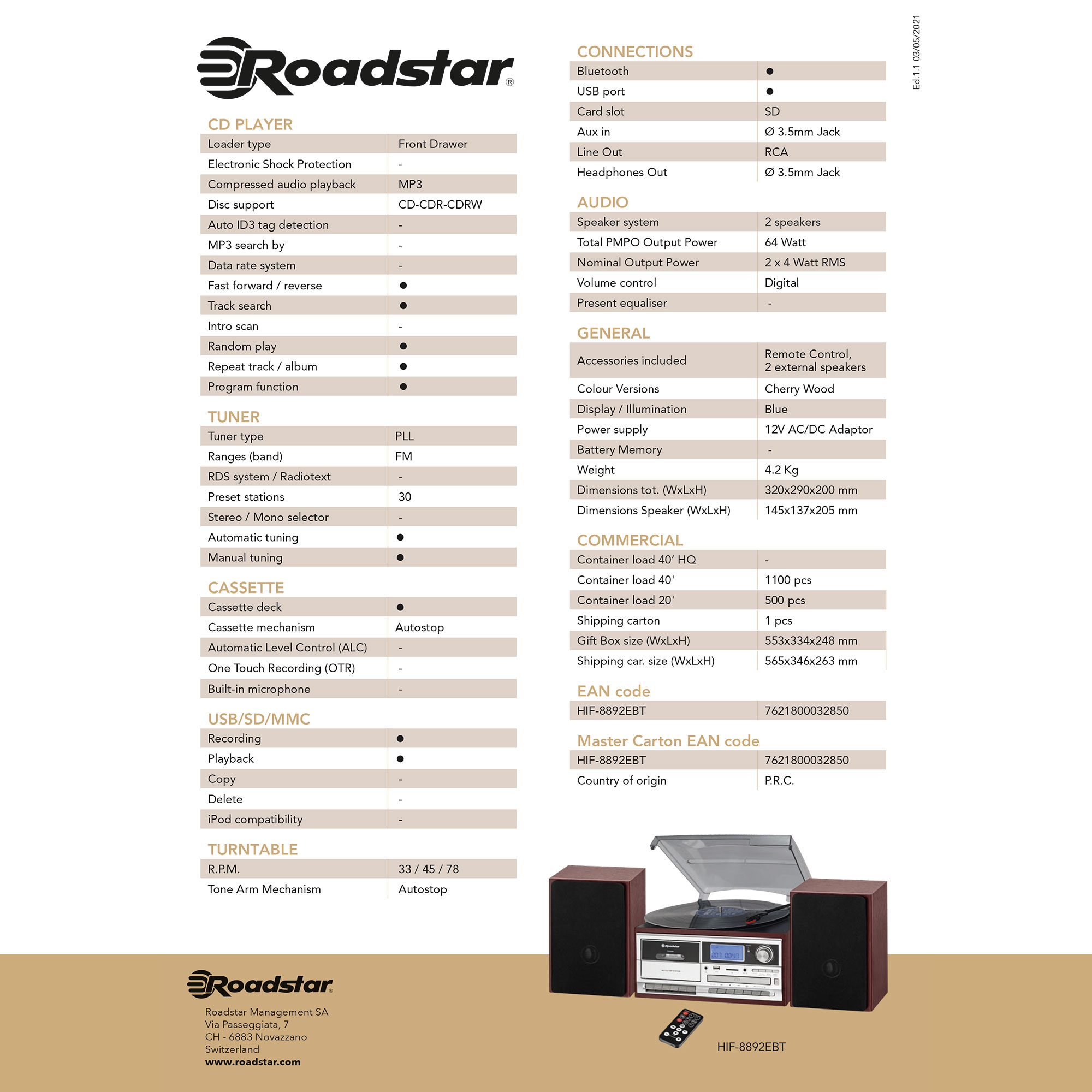 Un reproductor de CD Roadstar con altavoces y mando a distancia, acabado en madera de cerezo. Descripción visible.