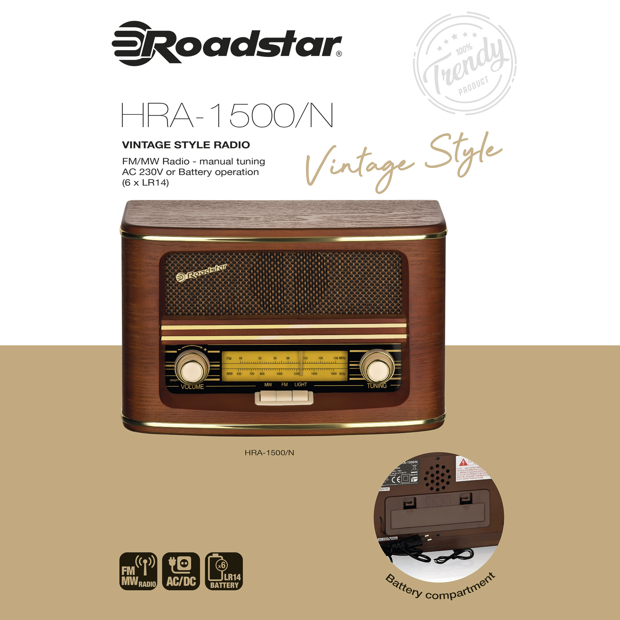 ROADSTAR Retro CD, Vintage Analog, Holz FM, MW Vintage Radio HRA-1500N FM