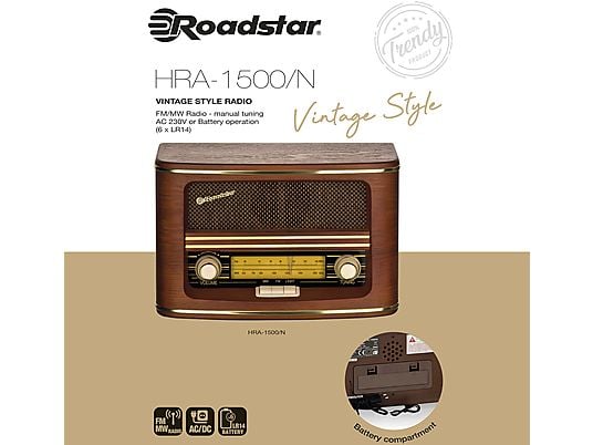 Radio CD  - HRA-1500N Vintage FM/ MW ROADSTAR, Madera
