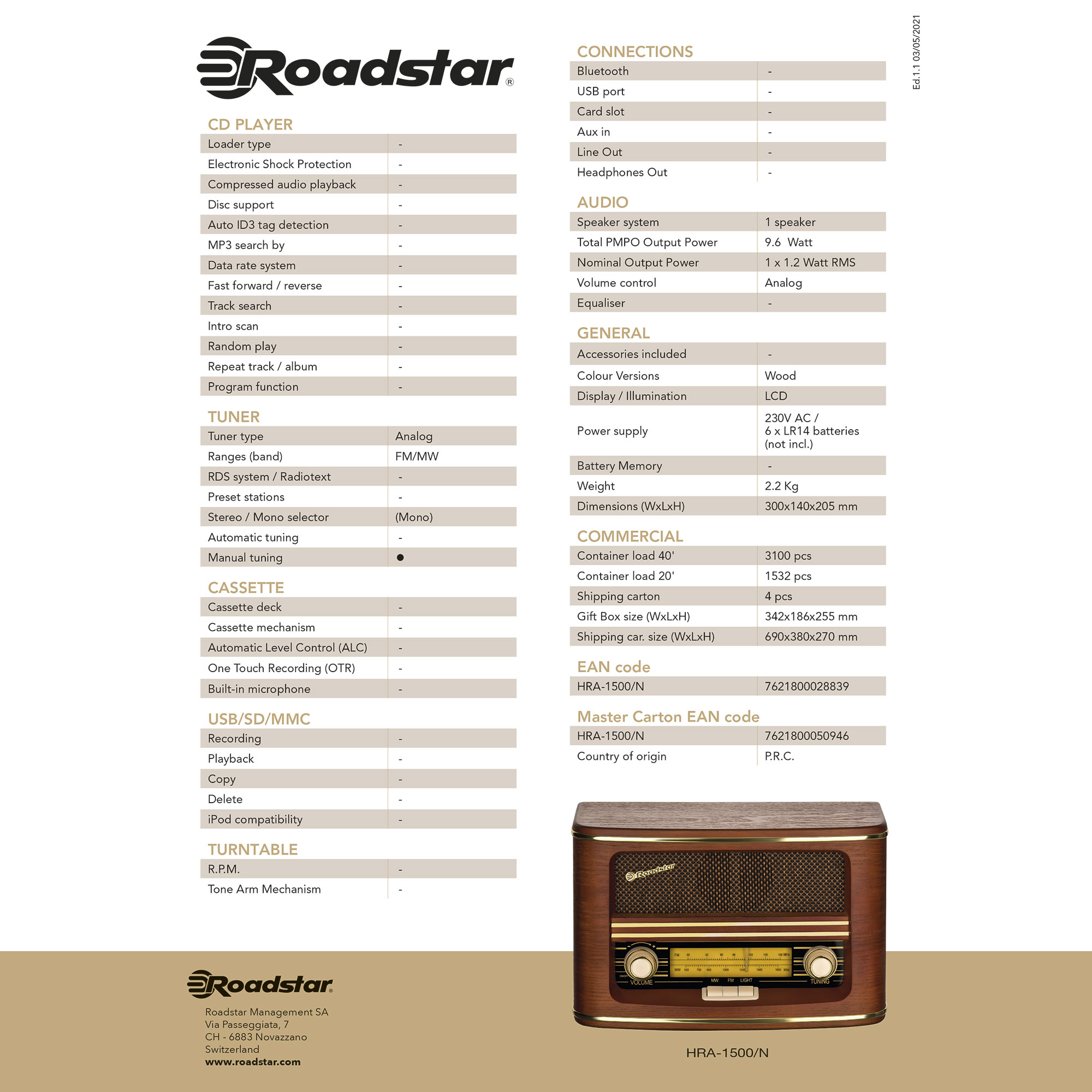 Radio HRA-1500N Analog, Retro CD, ROADSTAR FM/ Vintage Holz MW FM, Vintage