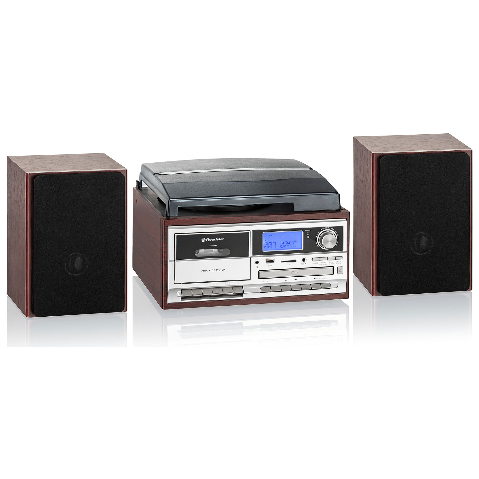 Sistema estéreo retro con altavoces. Incluye tocadiscos, reproductor de casetes, CD y radio.
