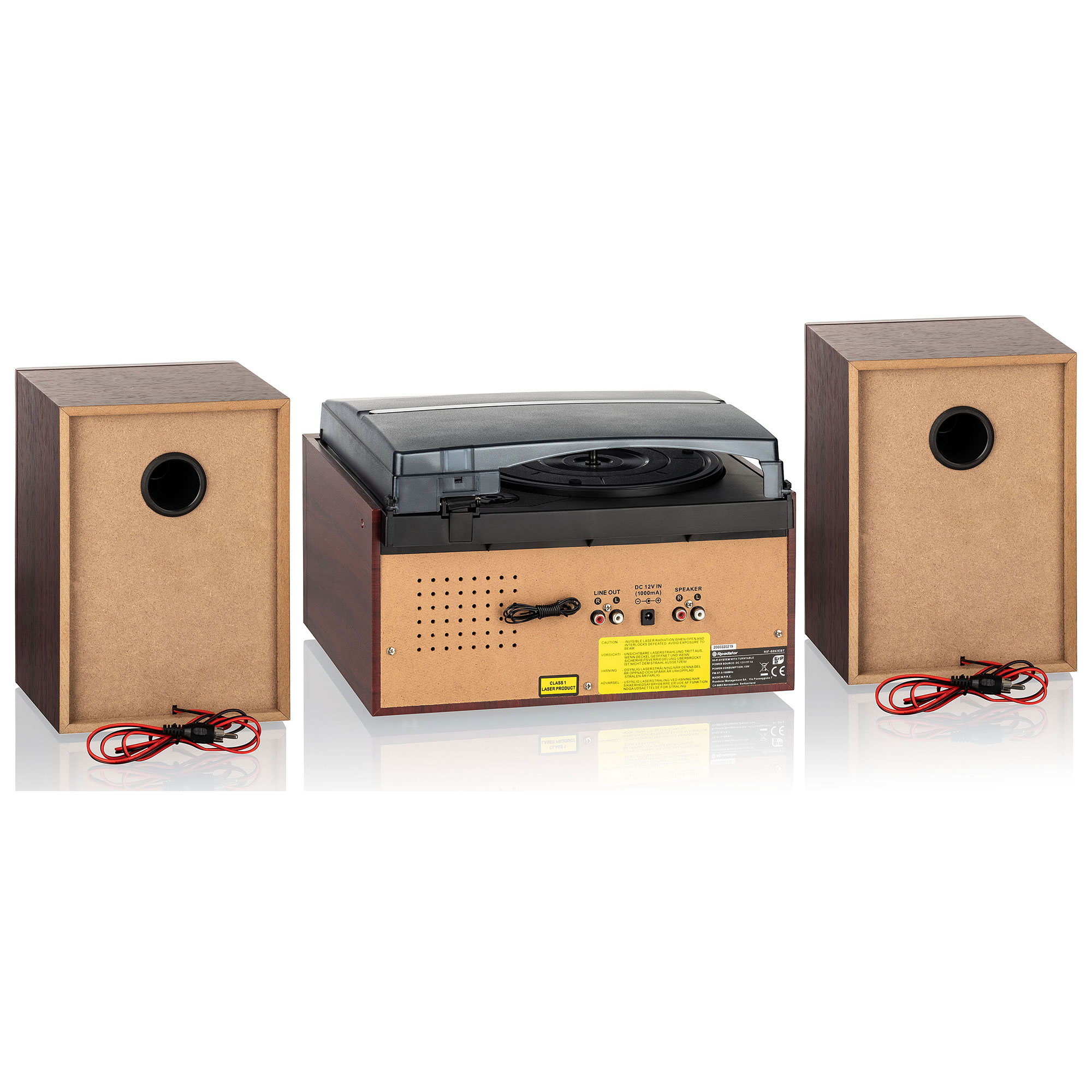 Un tocadiscos con dos altavoces. Los altavoces son marrones y el tocadiscos es negro y marrón.