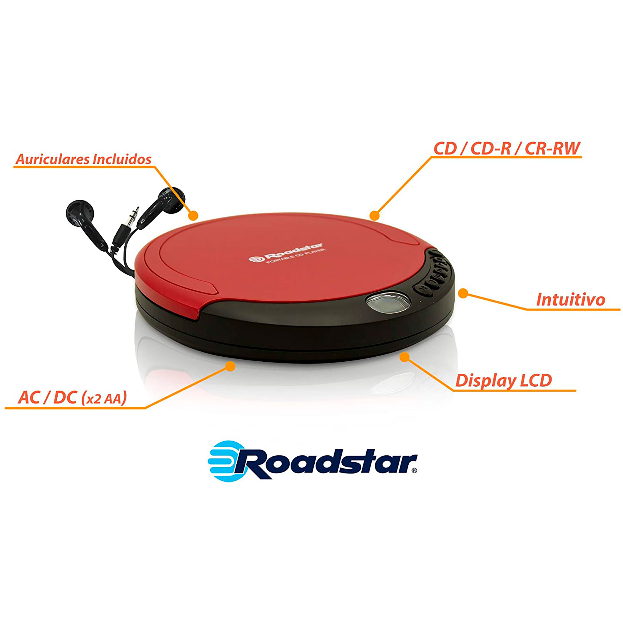 Un reproductor de CD portátil Roadstar rojo y negro con etiquetas de texto.