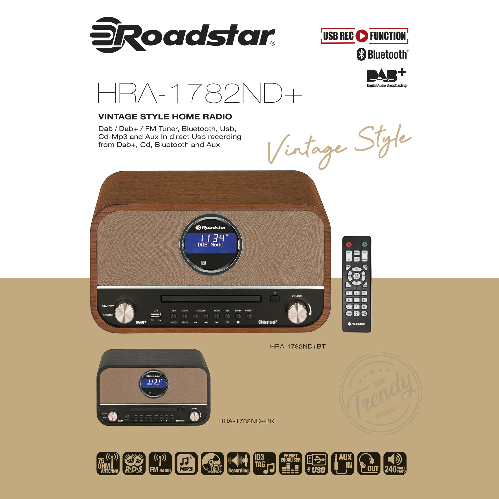 Radio im Vintage-Stil mit Bildschirm und Knöpfen. Eine weitere, kleinere Version darunter. Text über Funktionen.