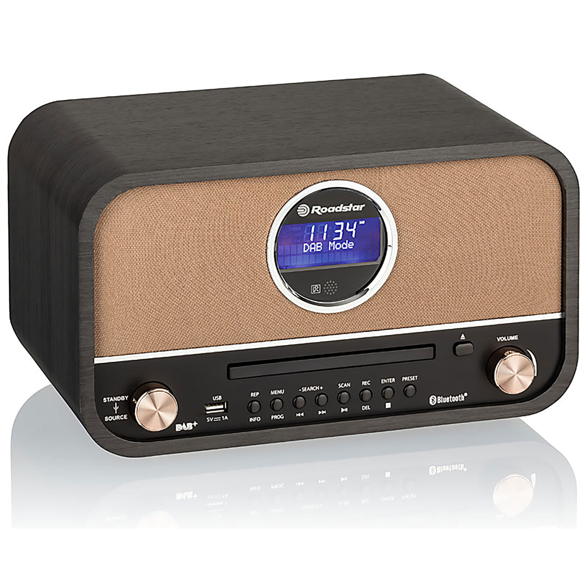 Dunkles Holzradio mit Digitalanzeige. Tasten sind USB, DAB+ und Bluetooth.