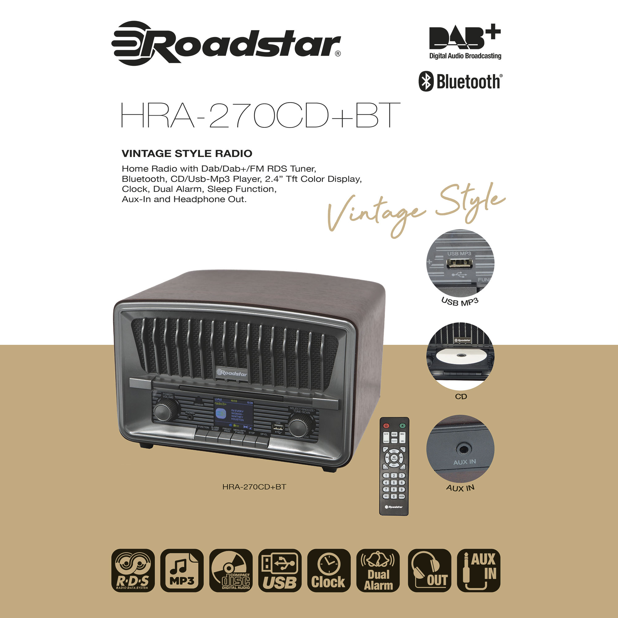 ROADSTAR Retro HRA-270CD-MP3CD+BT Holz Multifunktionsradio, Vintage