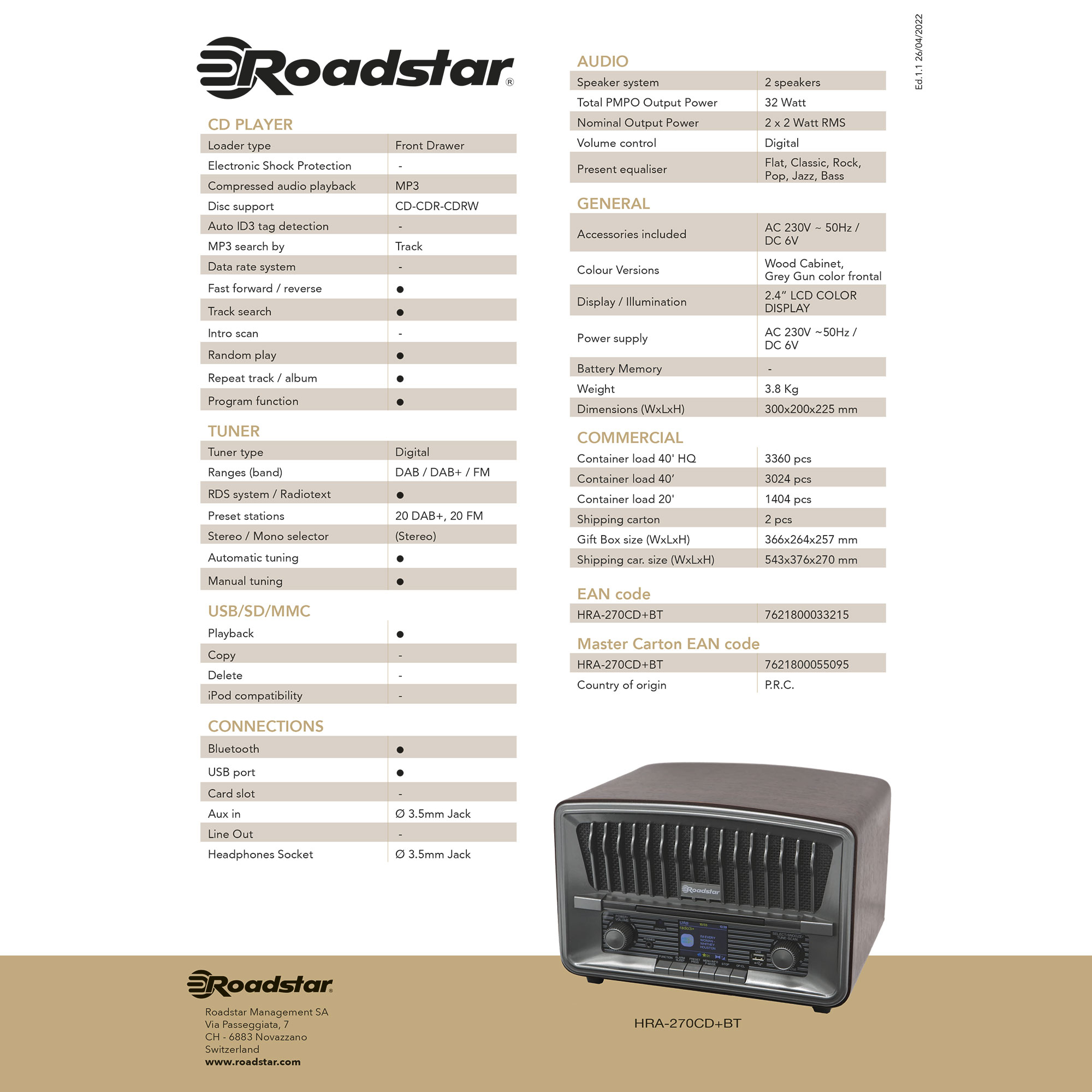 ROADSTAR Retro HRA-270CD-MP3CD+BT Holz Multifunktionsradio, Vintage