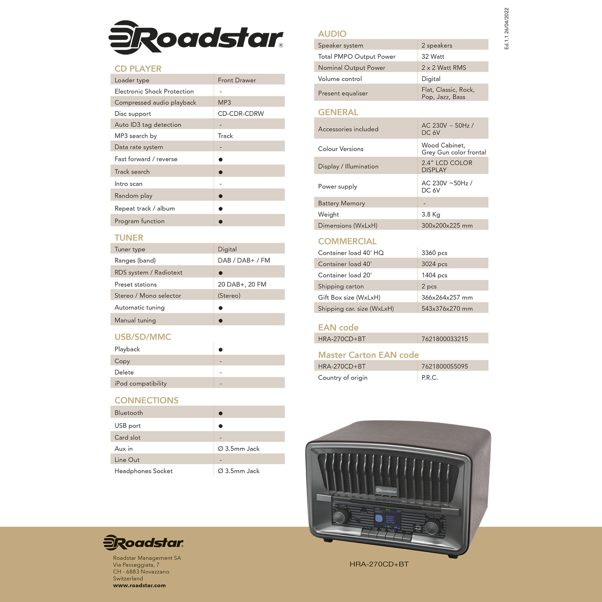 Detaillierte Produktspezifikationen für einen Roadstar CD-Player und Radio mit antikem Radio.