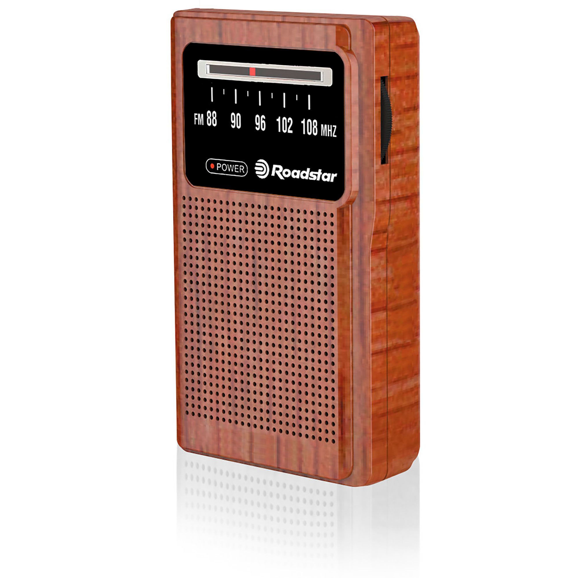Ein Retro-Radio aus Holz mit Einstellrad und Ein/Aus-Taste.