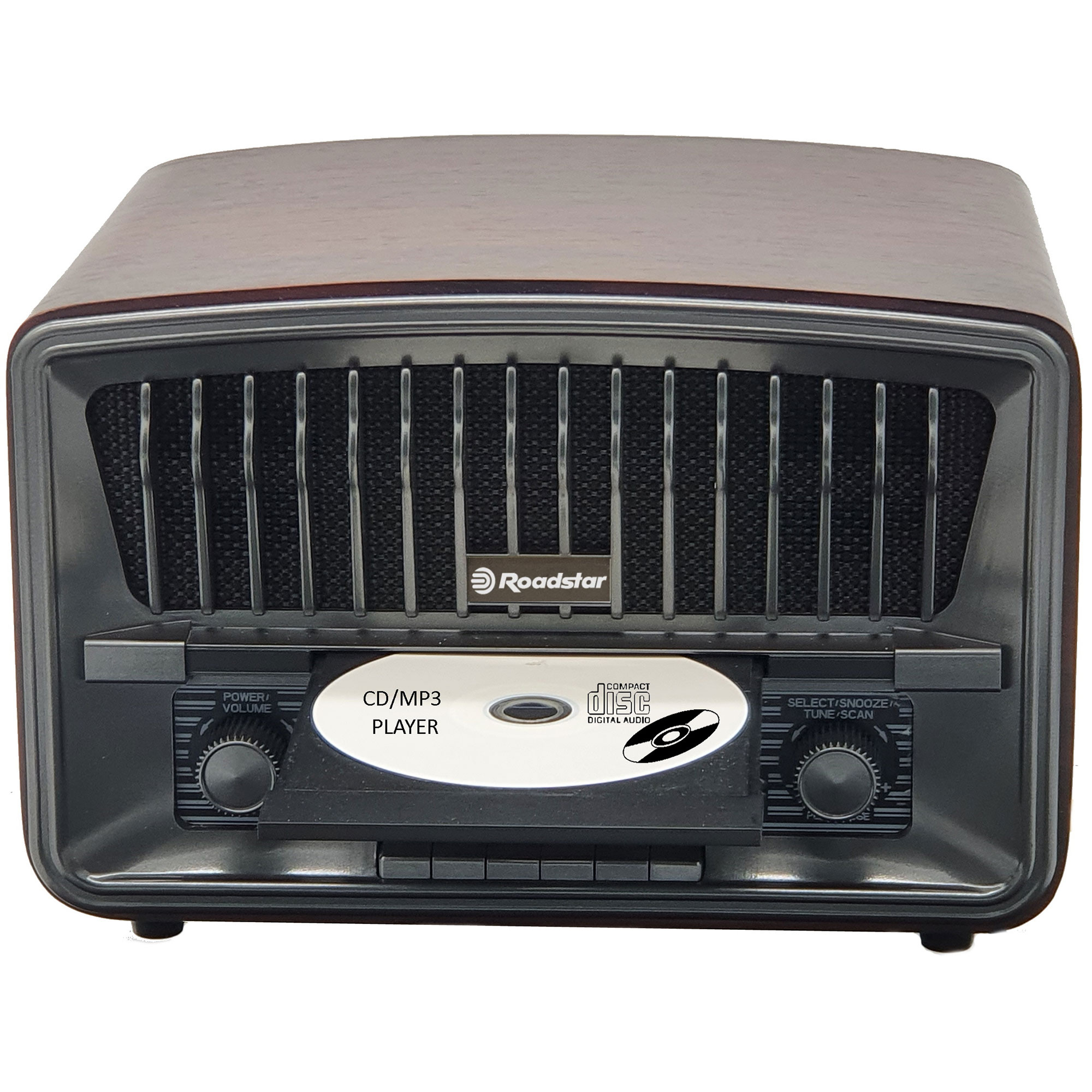 Ein Roadstar CD/MP3-Player mit dunkler Holzoptik. Er hat einen CD-Schlitz und Knöpfe.