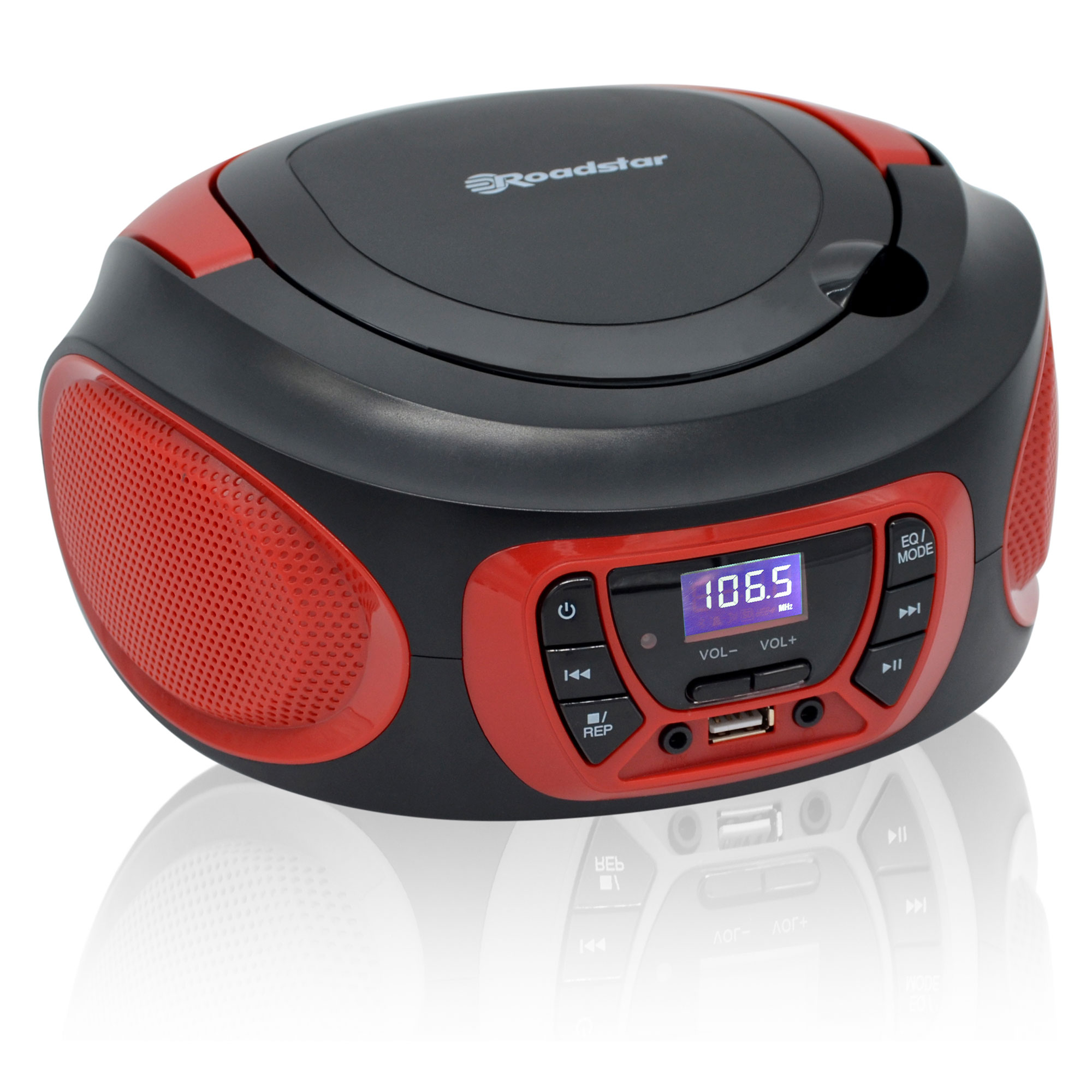 Reproductor de CD Roadstar negro y rojo con pantalla digital. La parte superior está abierta. Altavoces a ambos lados.